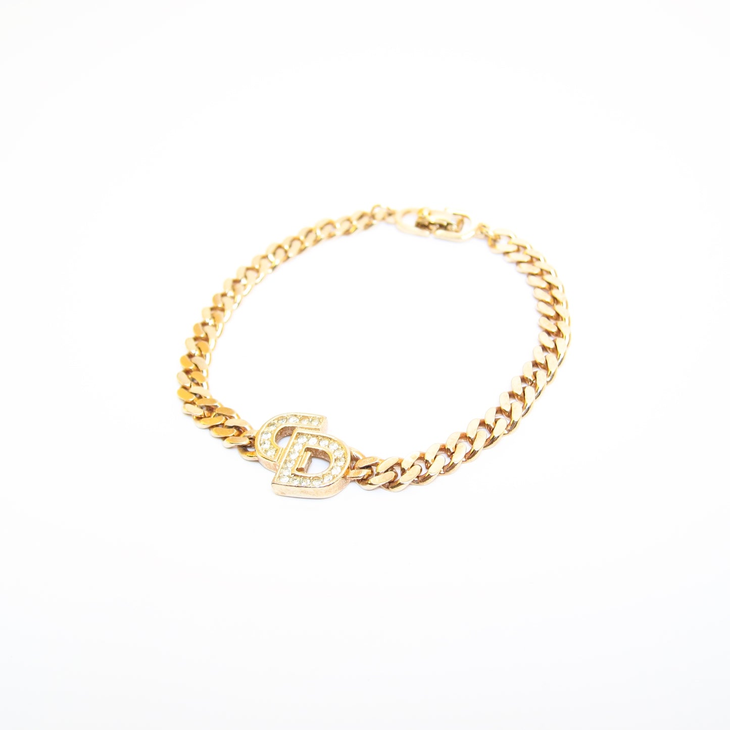 Christian Dior Vintage CD Logo with Rhinestone Golden Bracelet