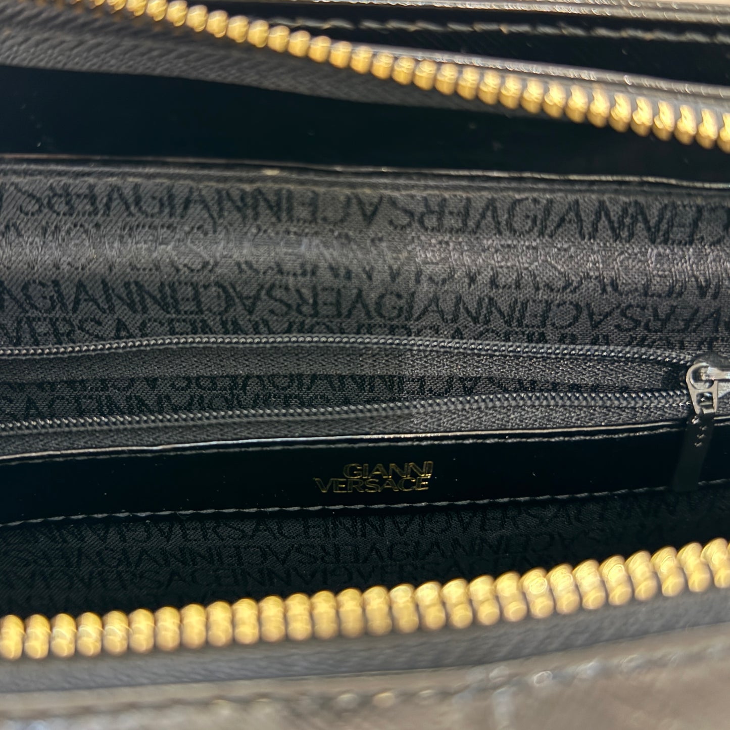 Versace Vintage Black Leather Tote Bag With Gold Medallion Charm