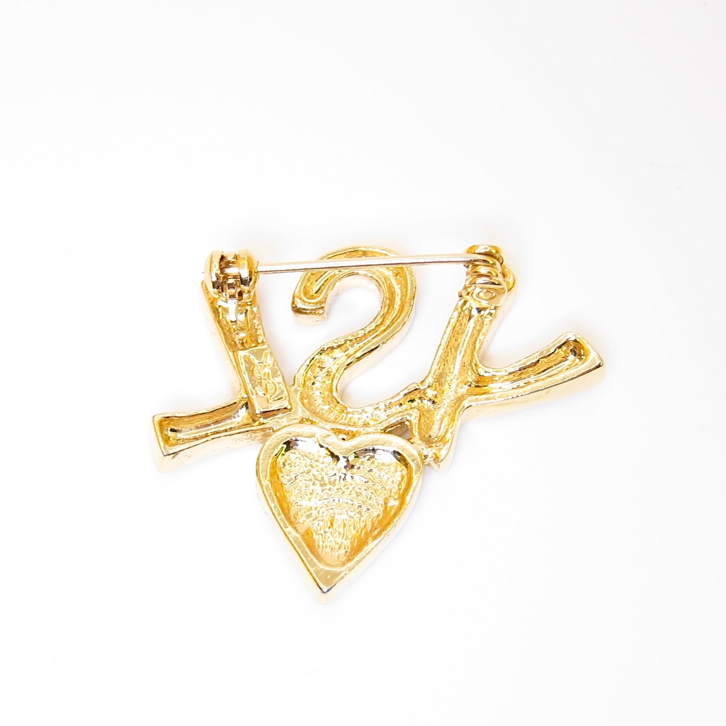 Yves Saint Laurent Vintage YSL Logo and Heart with Rhinestone Golden Brooch