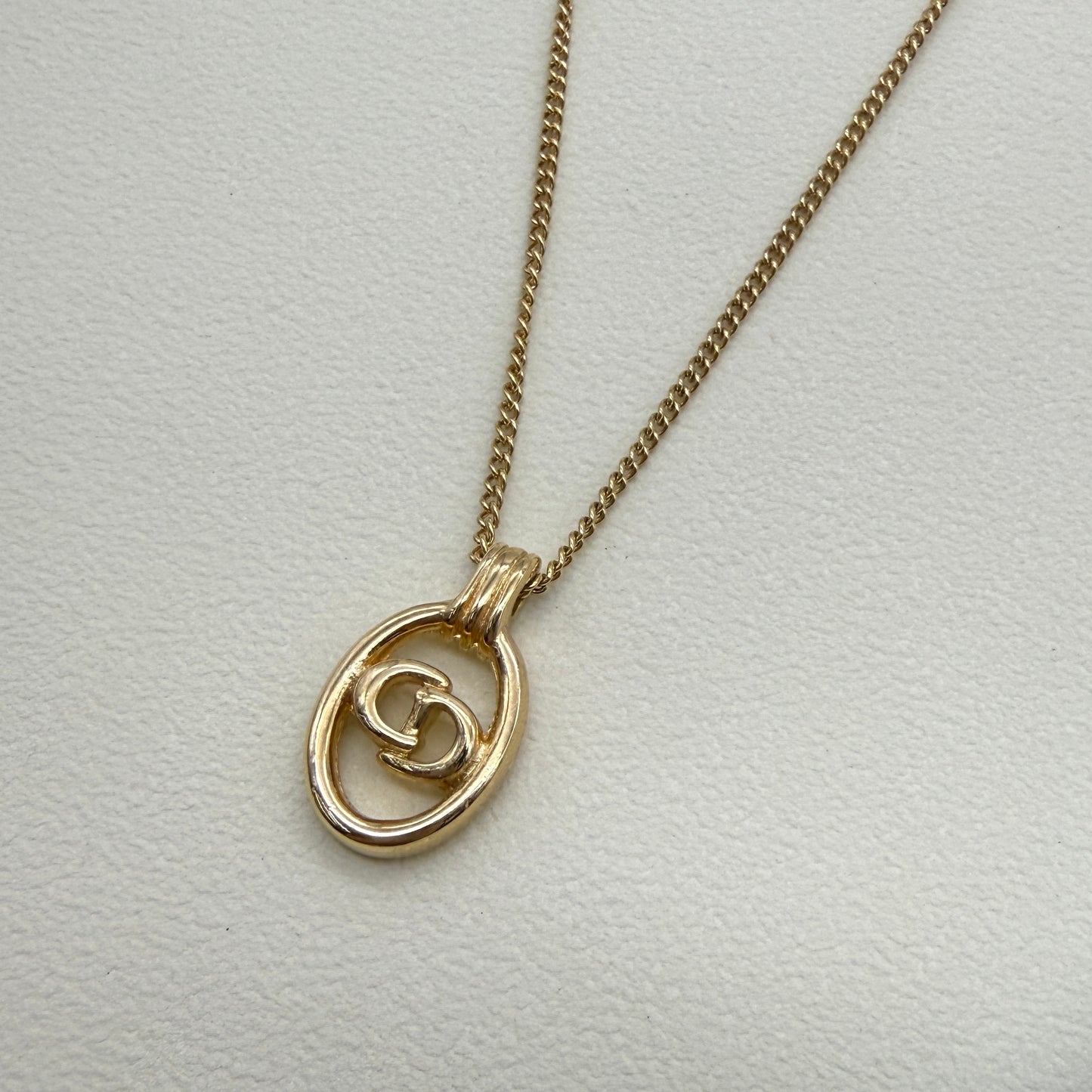 Christian Dior Vintage CD Logo in Oval Shape Pendant Golden Necklace