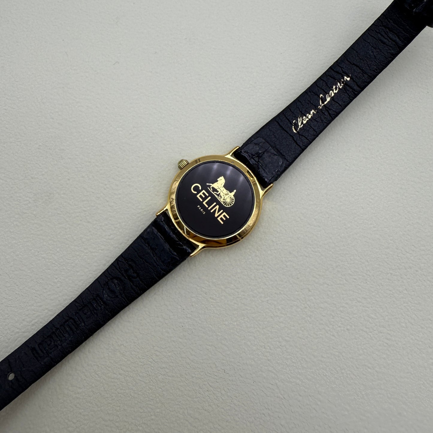Celine Vintage Round Golden Face Black Leather Strap Ladies Watch