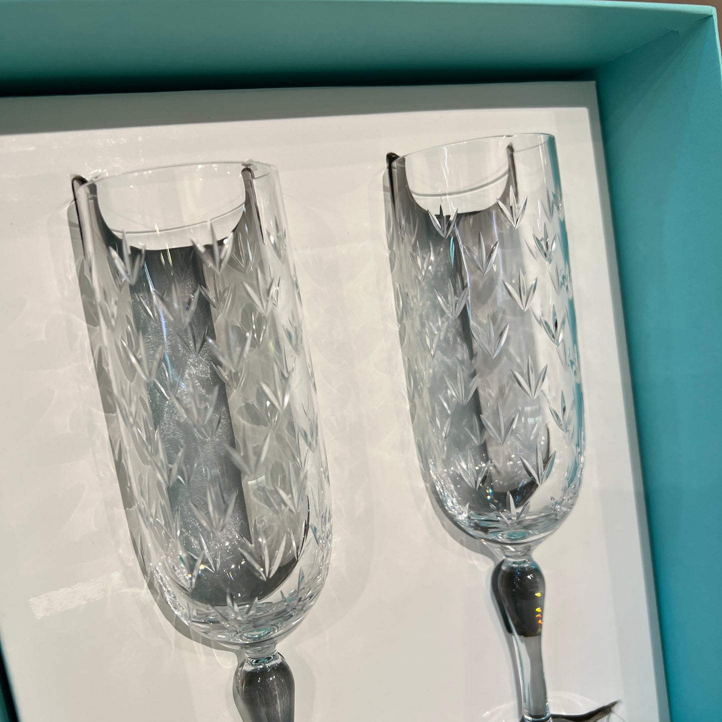 Tiffany Vintage Flower Motif Flute Type Champagne Glass Set of 2