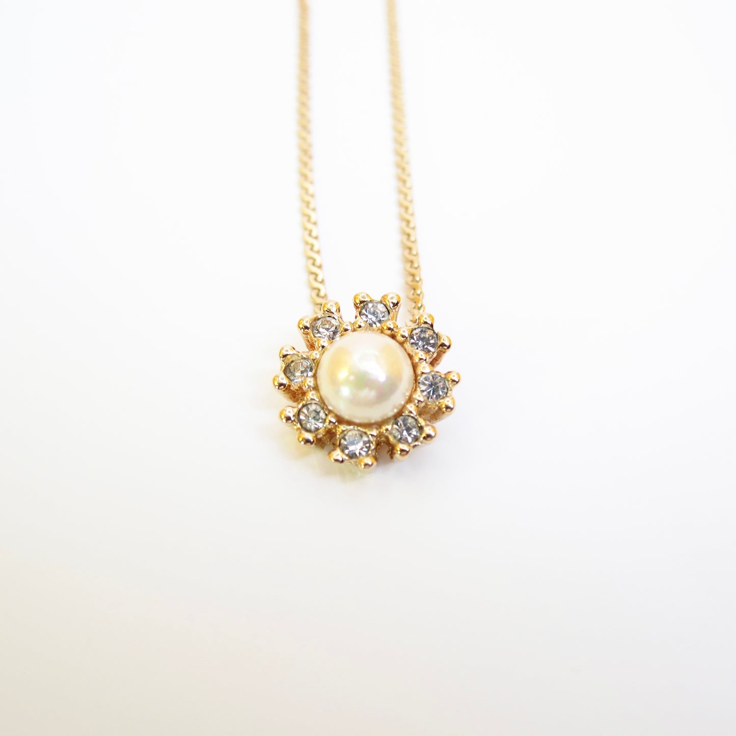 Christian Dior Vintage Flower Motif Pearl and Rhinestone Golden Necklace
