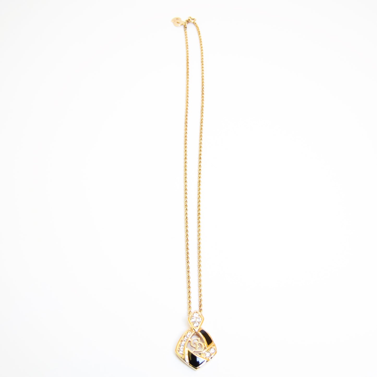 Christian Dior Vintage CD Logo Black and Rhinestone Golden Necklace