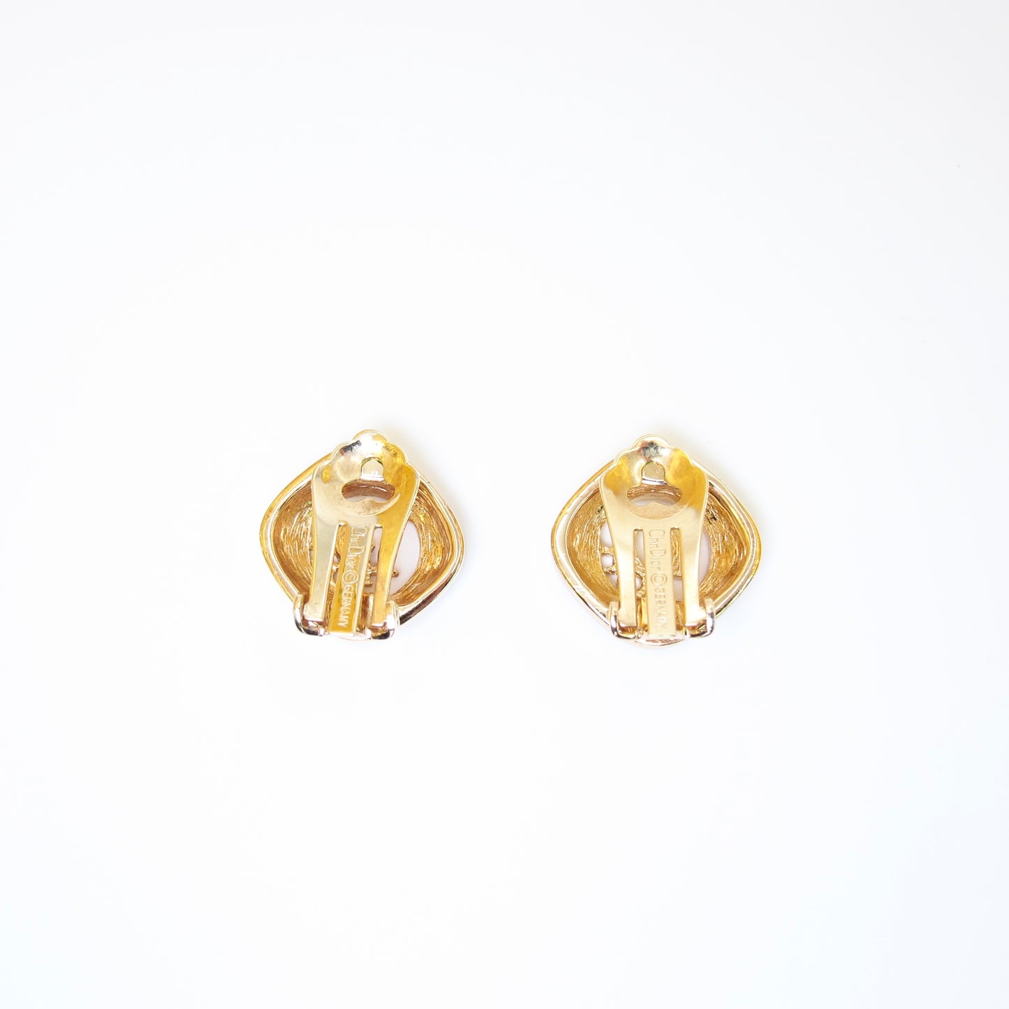 Christian Dior Vintage Dior Logo in Rhombus with Rhinestone Golden Clip-on Earrings
