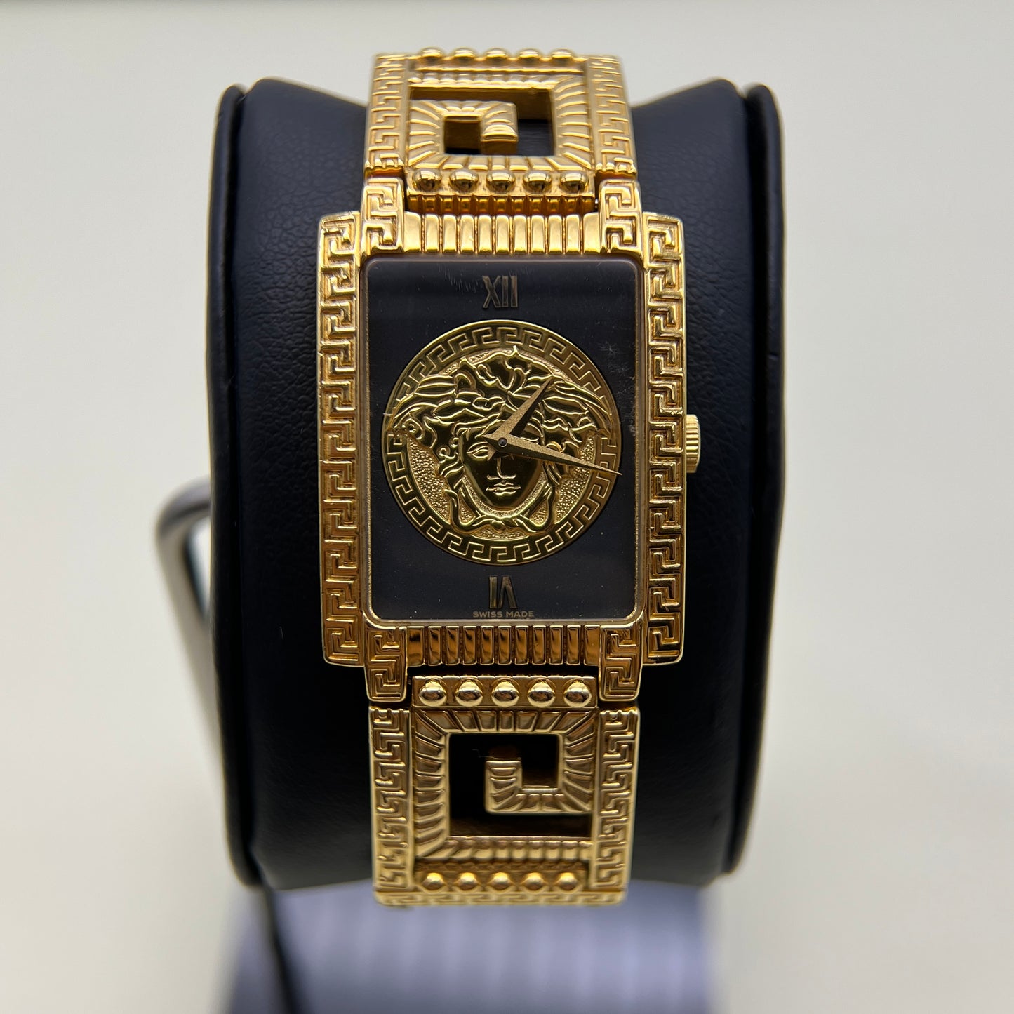 Gianni Versace Vintage Rectangle Gold Frame Medusa Icon and Black Dial with Leather Strap Watch