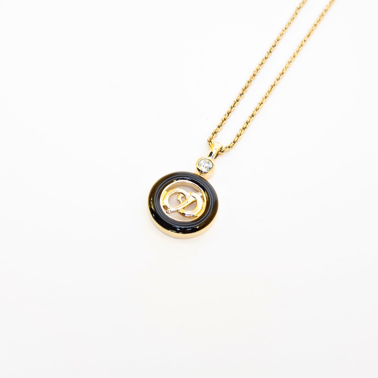 Christian Dior Vintage CD Logo in Black Circle and Rhinestone Golden Necklace