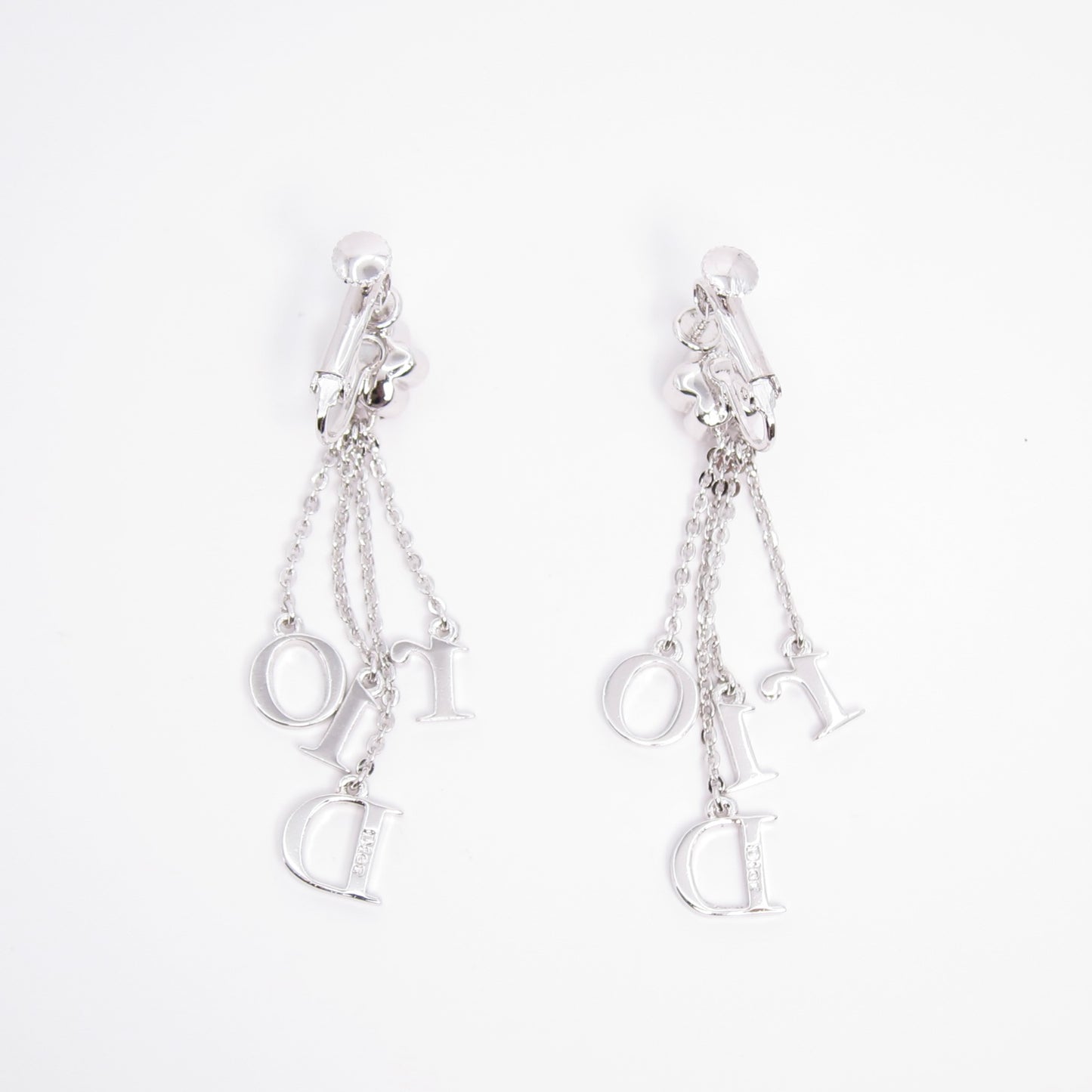 Christian Dior Vintage Dior Logo with Rhinestone Dangle Silver Clip-on Earrings