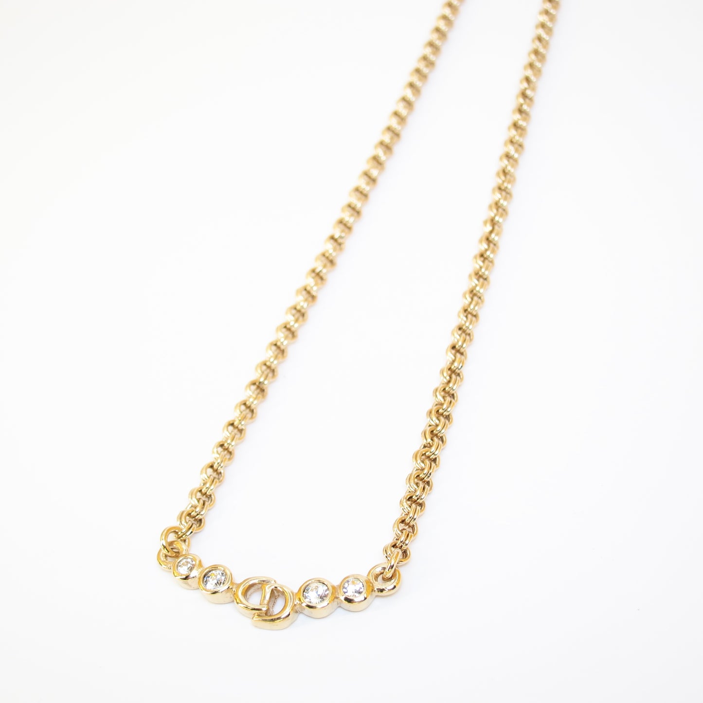 Christian Dior Vintage CD Logo and Rhinestone Golden Necklace