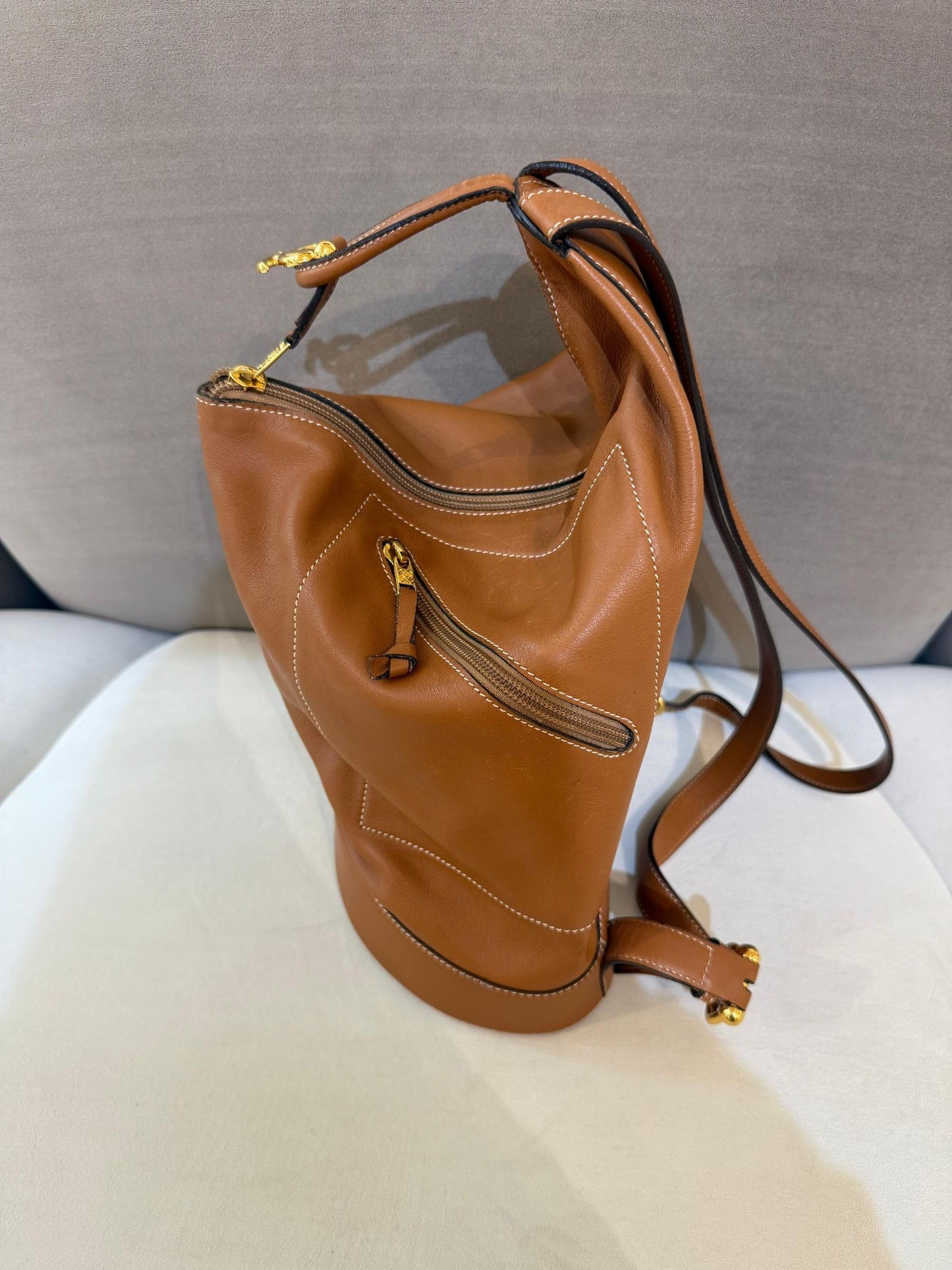 Loewe Vintage Tan Leather Backpack With Pouch