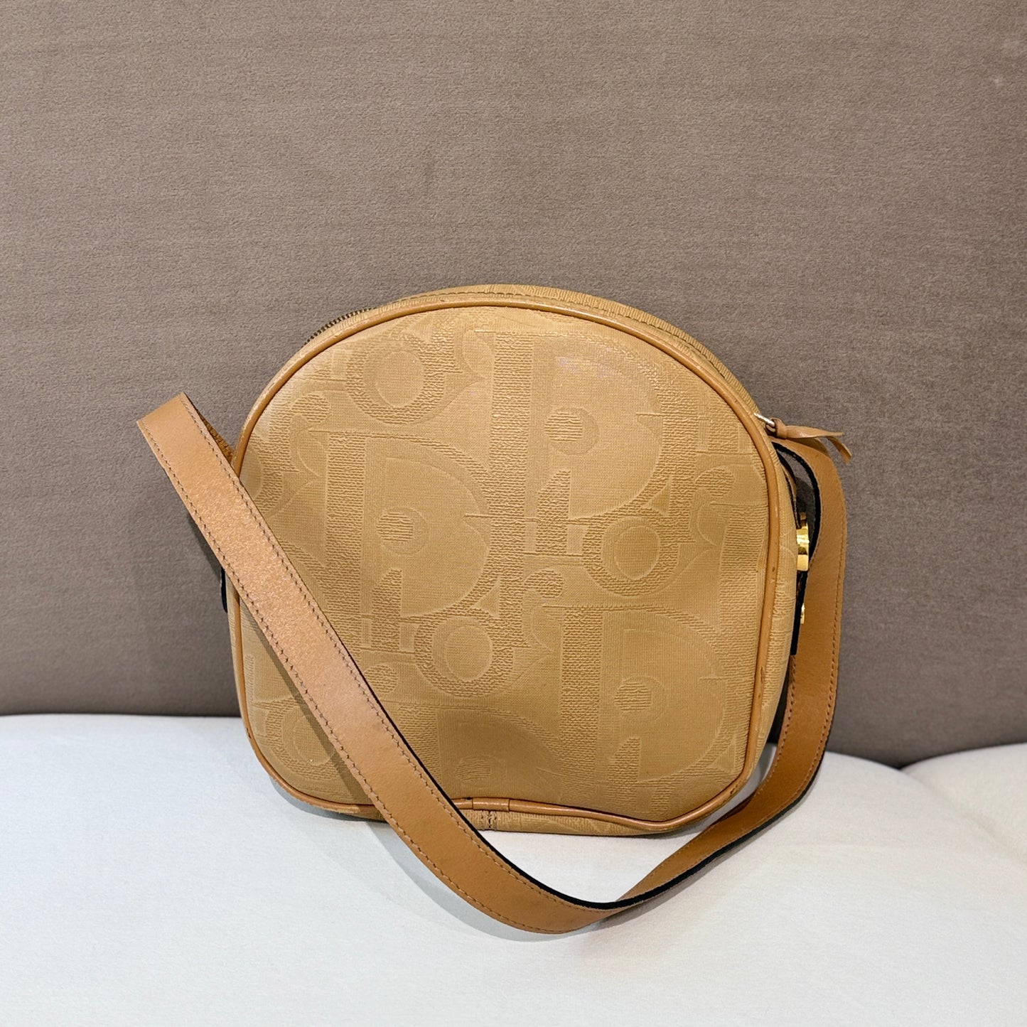 Christian Dior Vintage Golden Oval Logo With Light Brown Shoulder Bag
