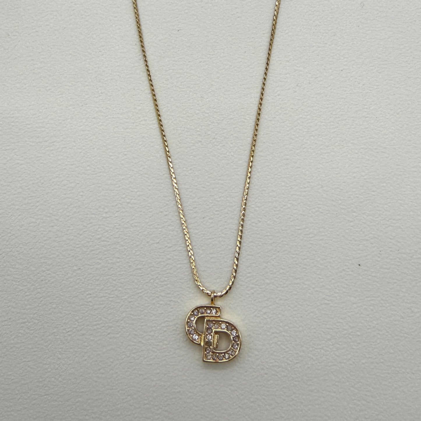 Christian Dior Vintage CD Logo with Rhinestone Golden Necklace