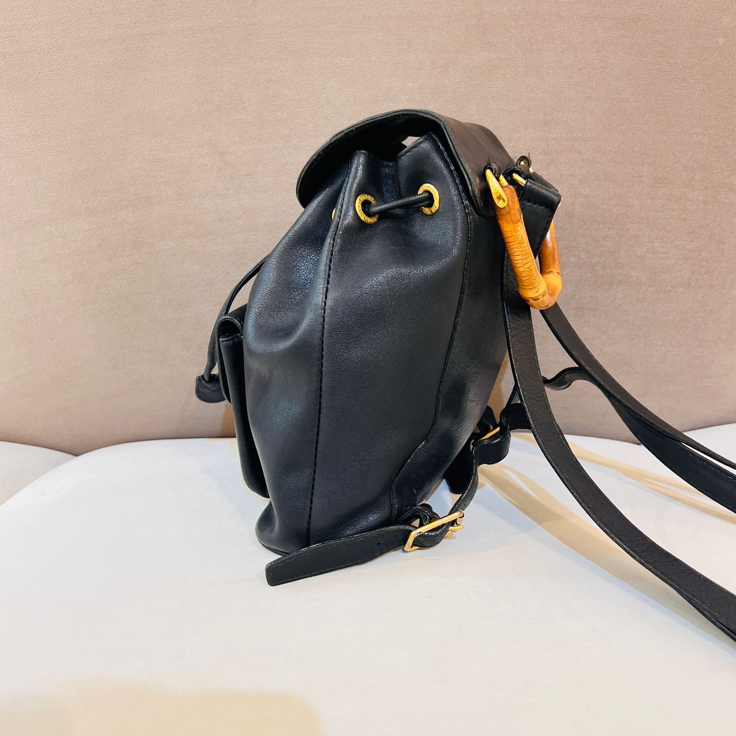 Gucci Vintage Bamboo Turn Lock Black Leather Small Backpack