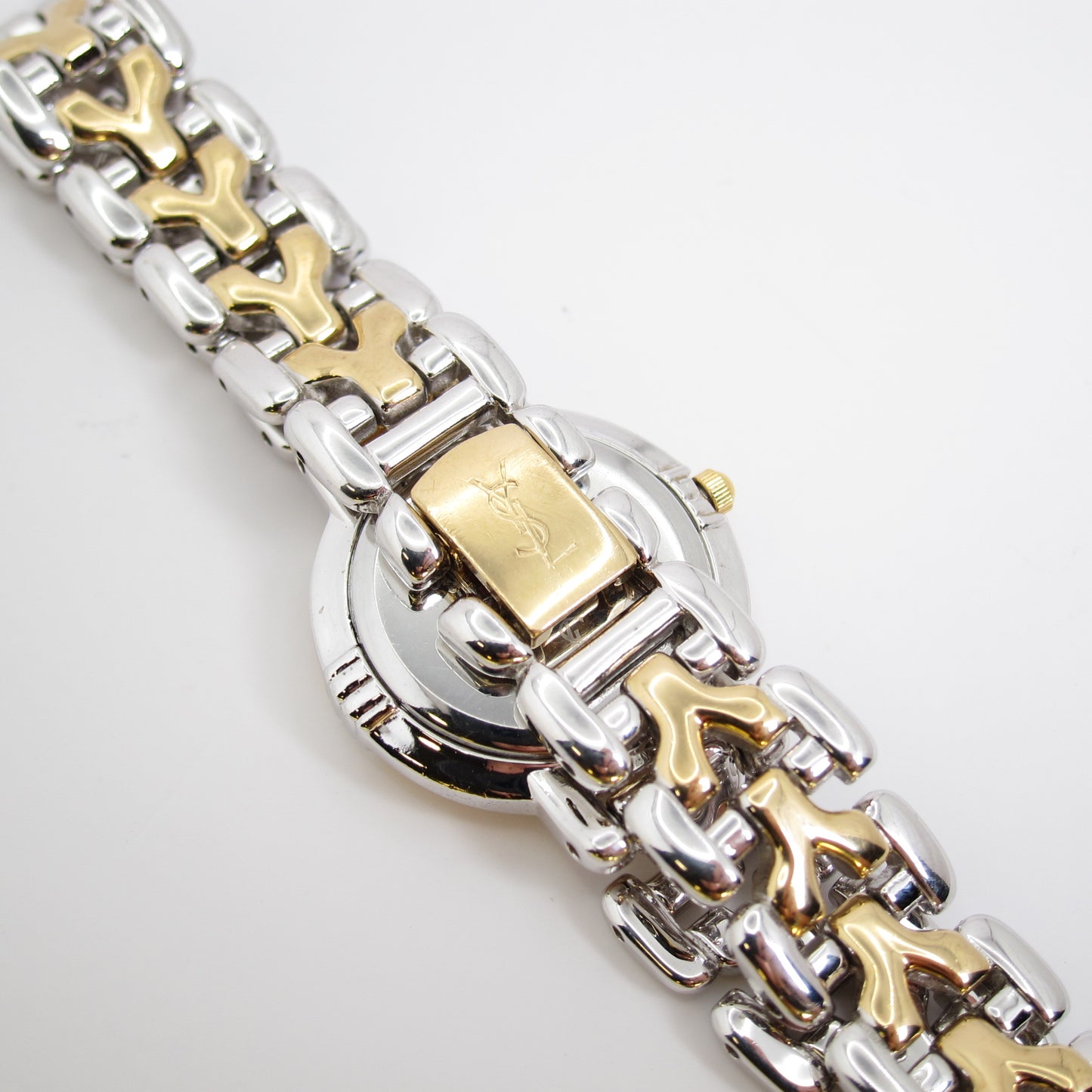 Yves Saint Laurent Vintage Gold and Silver Two Tone Watch with Y Logo Bracelet
