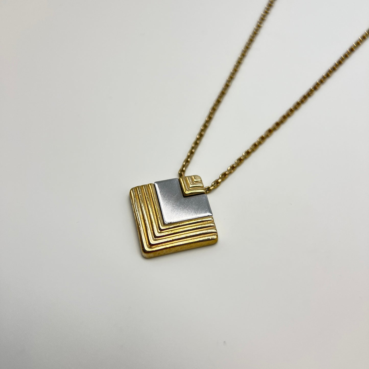Christian Dior Vintage Silver And Gold Tone Diamond Shape Pendant Golden Necklace