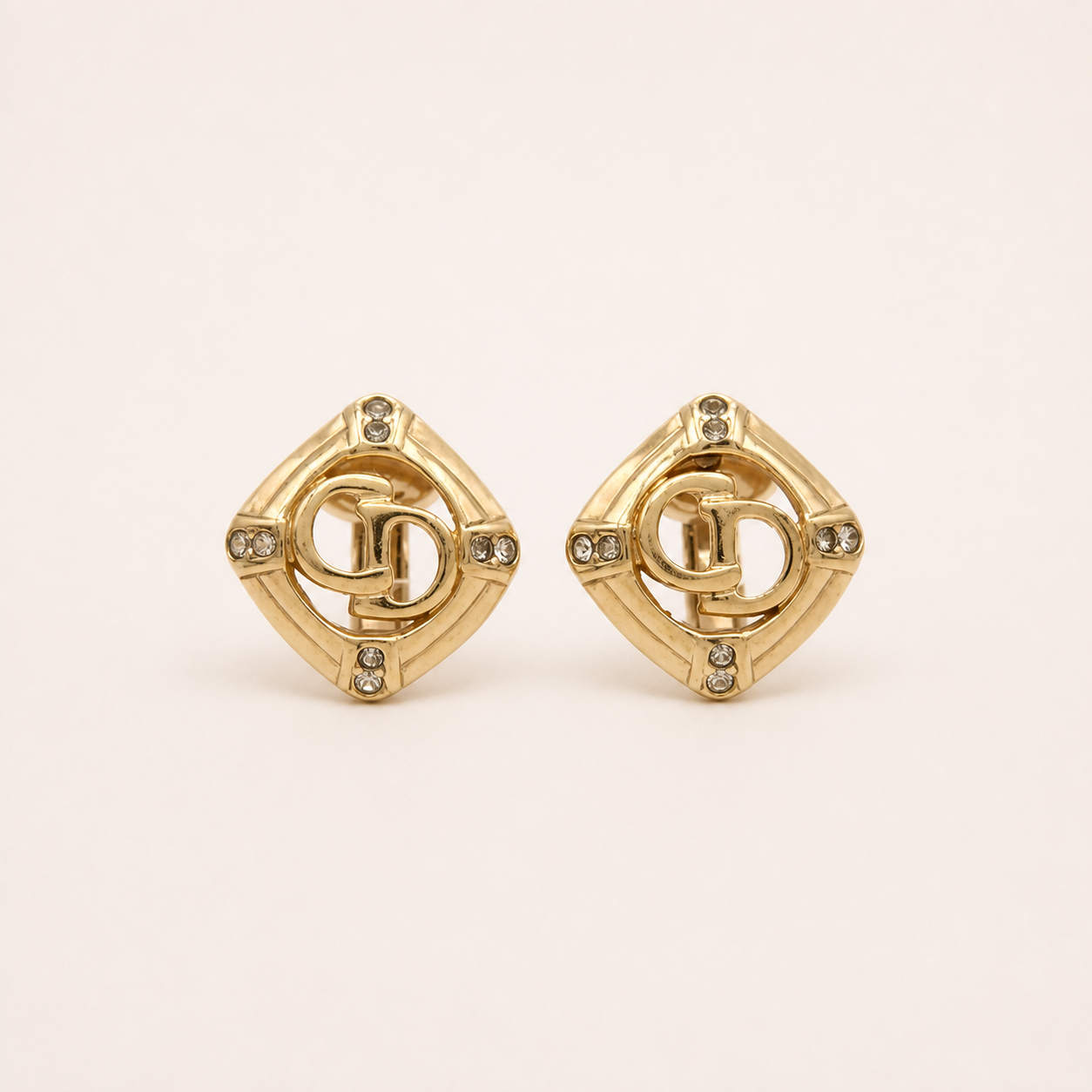 Christian Dior Vintage Geometric CD Crystal Clip-On Earrings