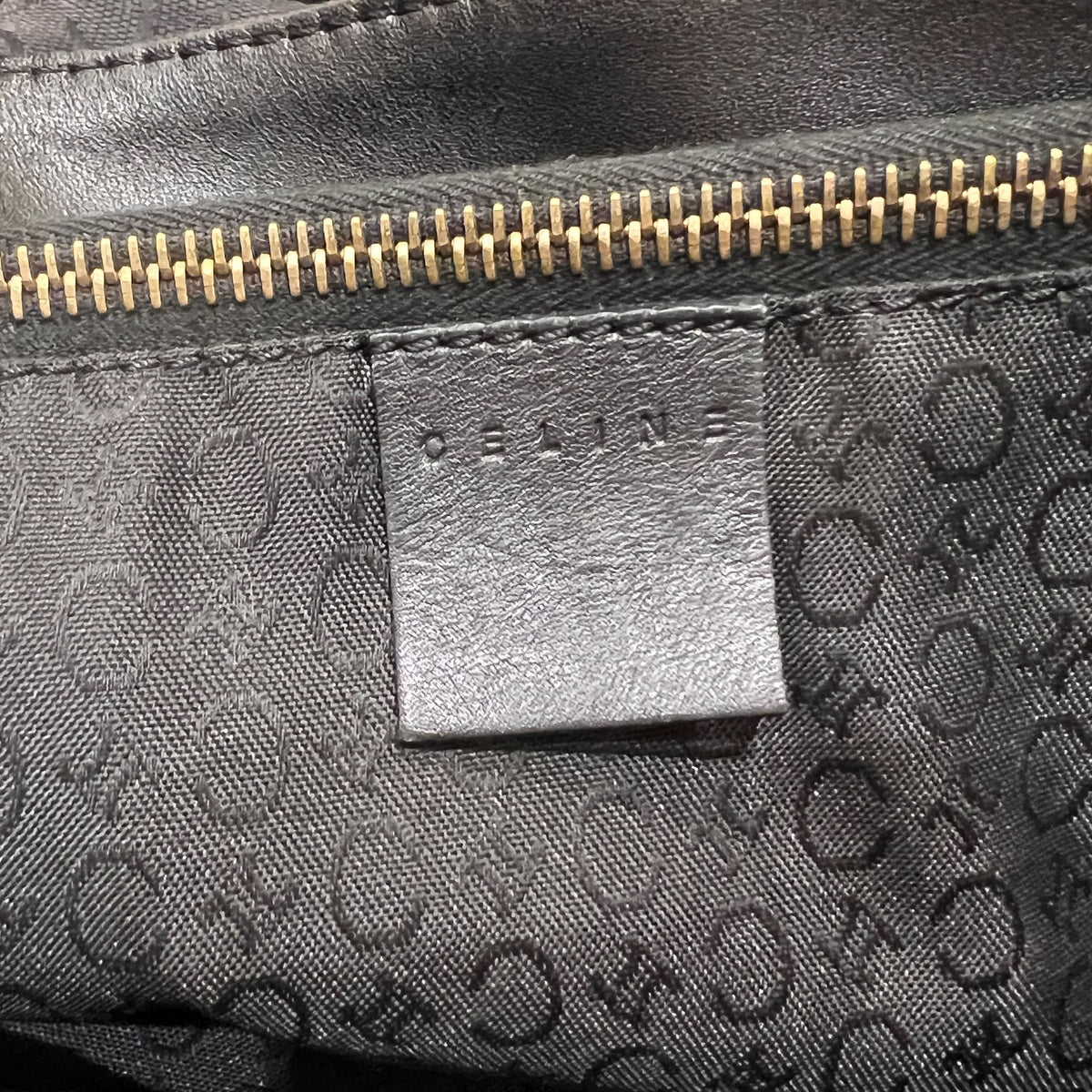 Celine Black C Macadam Canvas and Leather Tote Bag — interior brand stamp