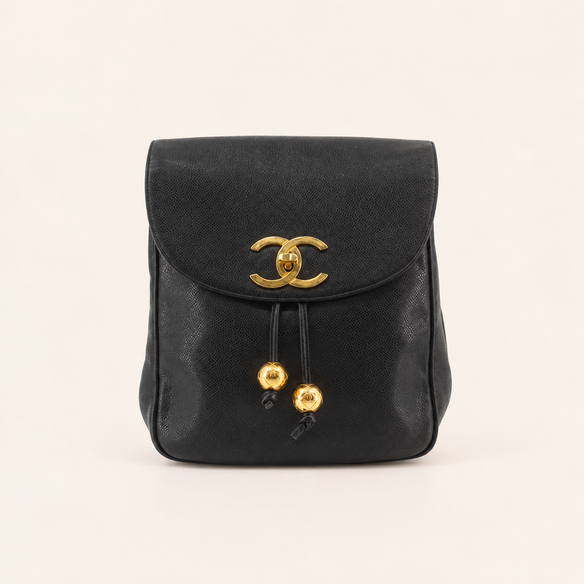 Chanel Black Caviar Leather CC Drawstring Backpack, front view