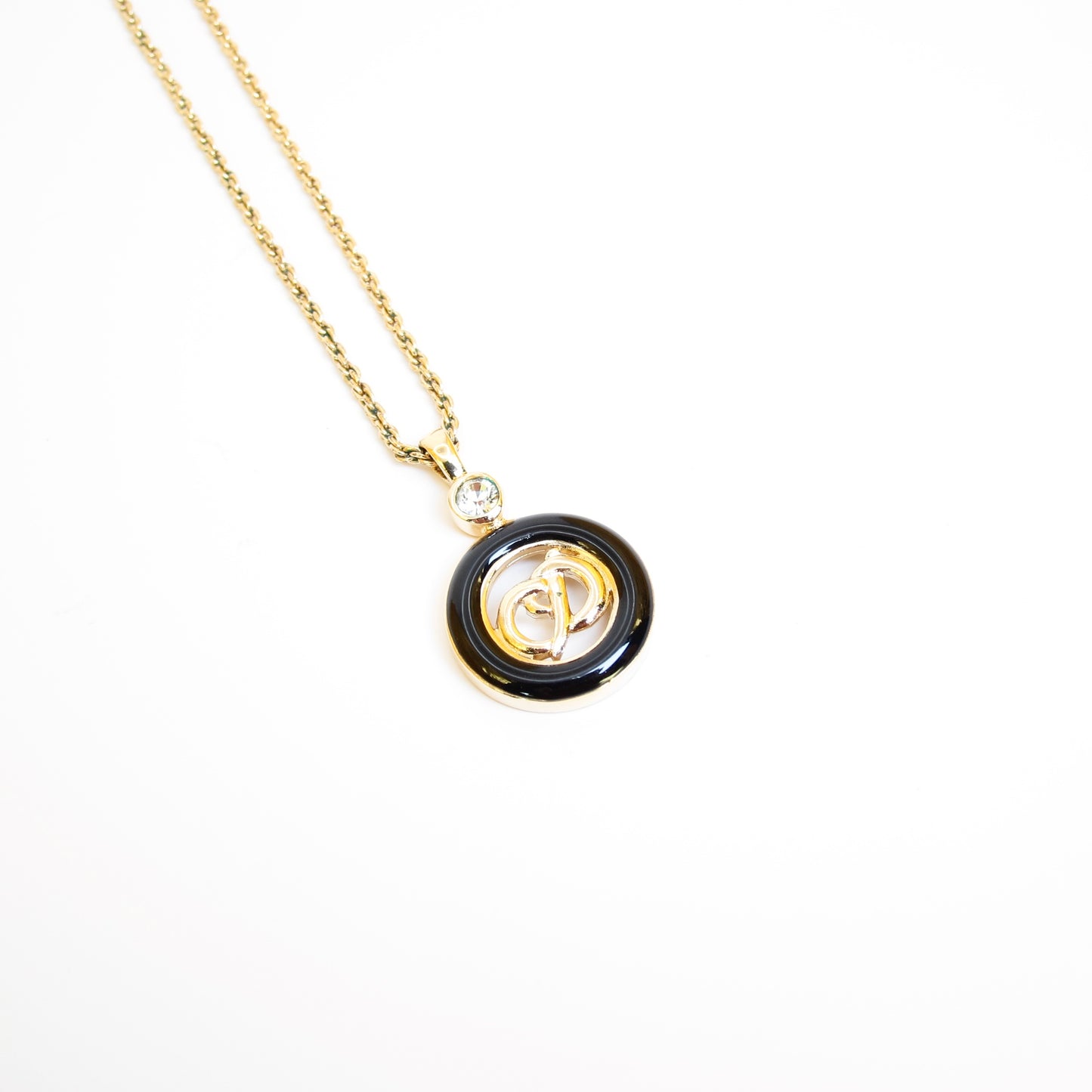 Christian Dior Vintage CD Logo in Black Circle and Rhinestone Golden Necklace