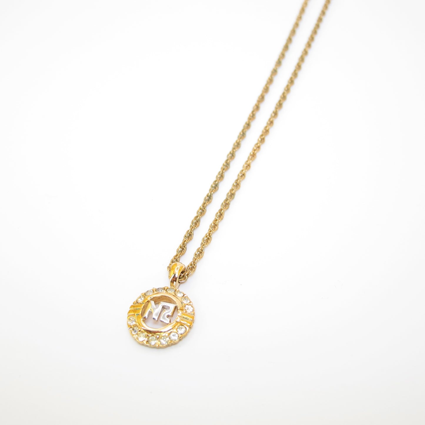Nina Ricci Vintage NR Logo in Circle with Rhinestone Golden Necklace