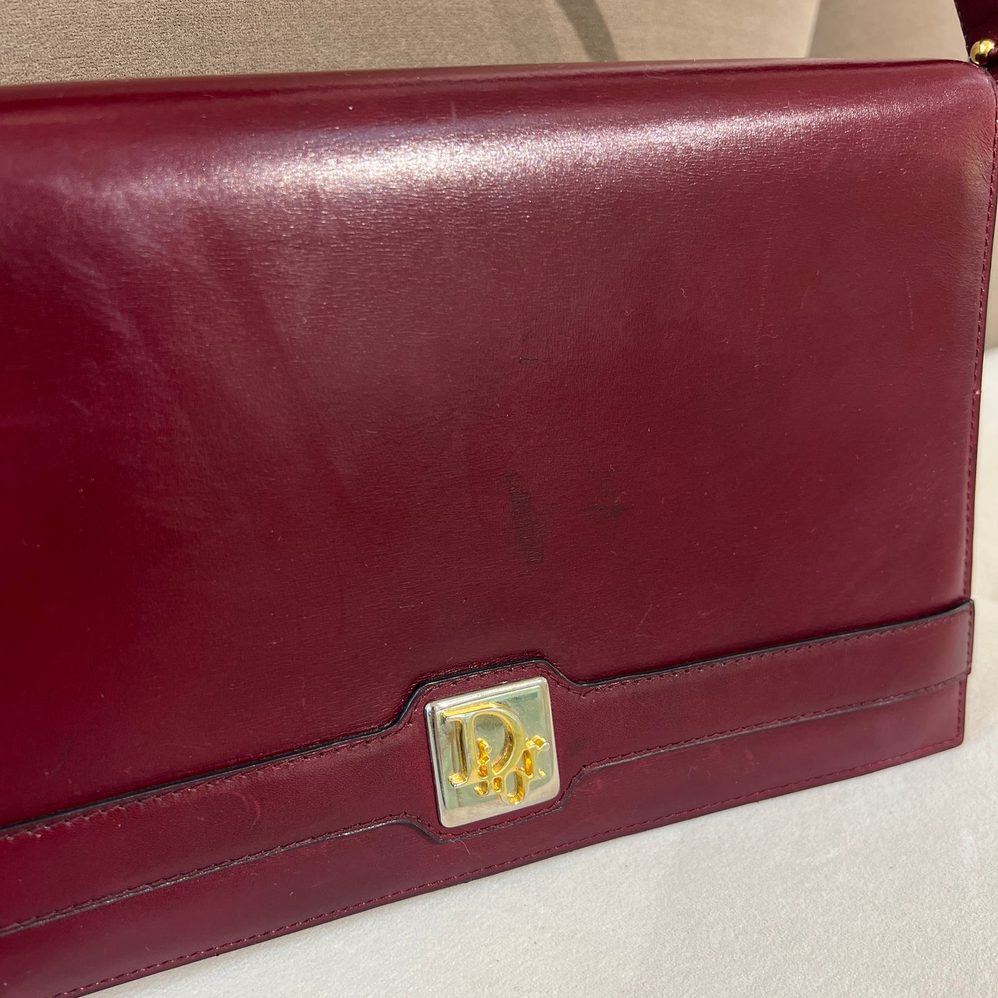 Christian Dior Vintage Golden Logo With Burgundy Red Leather Shoulder Bag