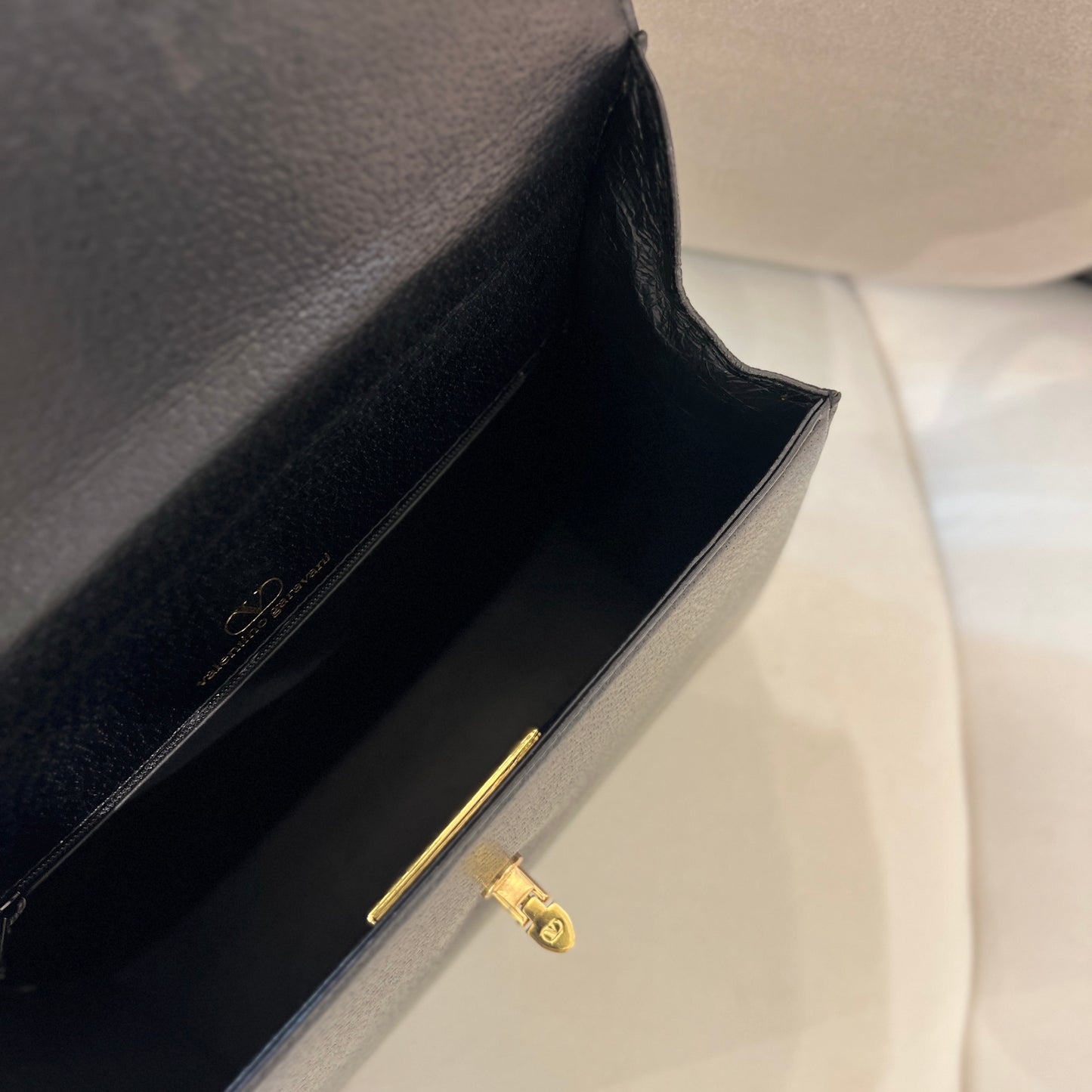 Valentino Vintage Golden Buckle With Black Leather Top Handle Handbag