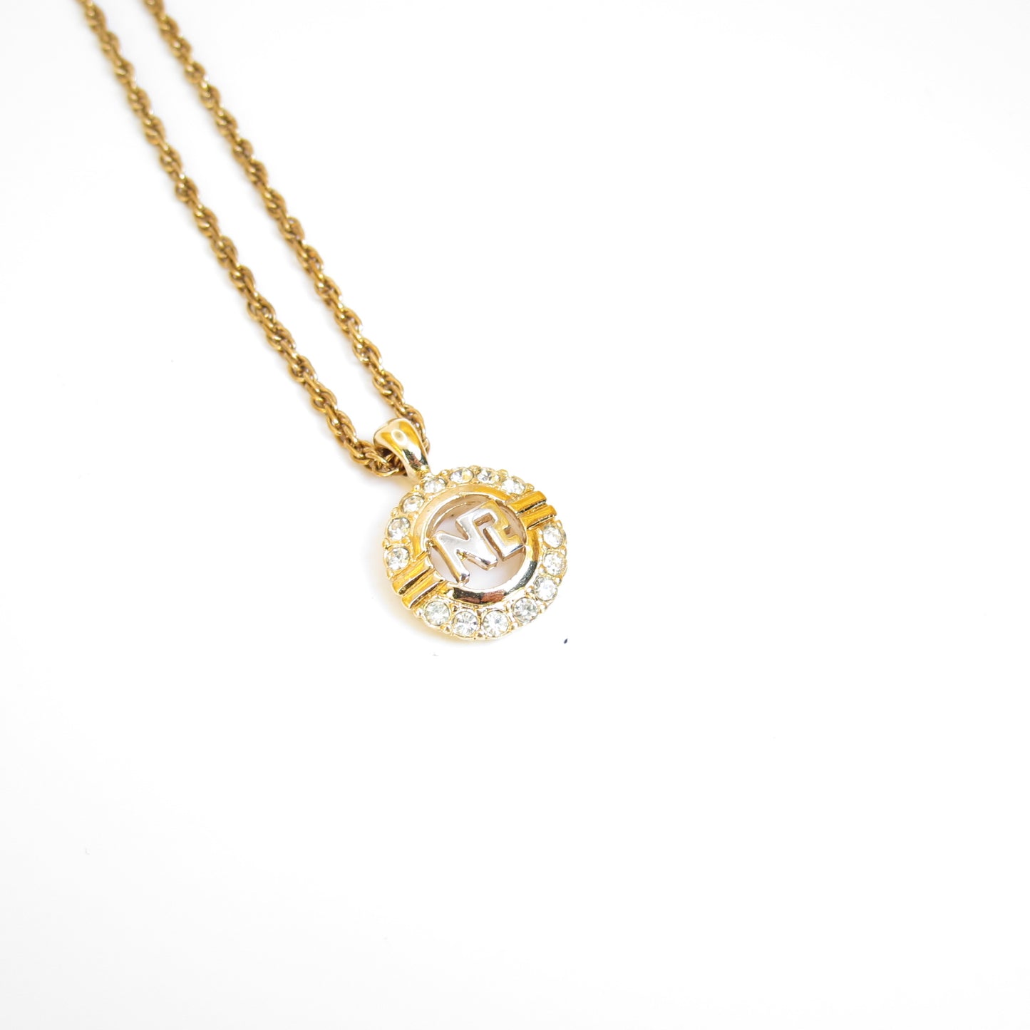 Nina Ricci Vintage NR Logo in Circle with Rhinestone Golden Necklace