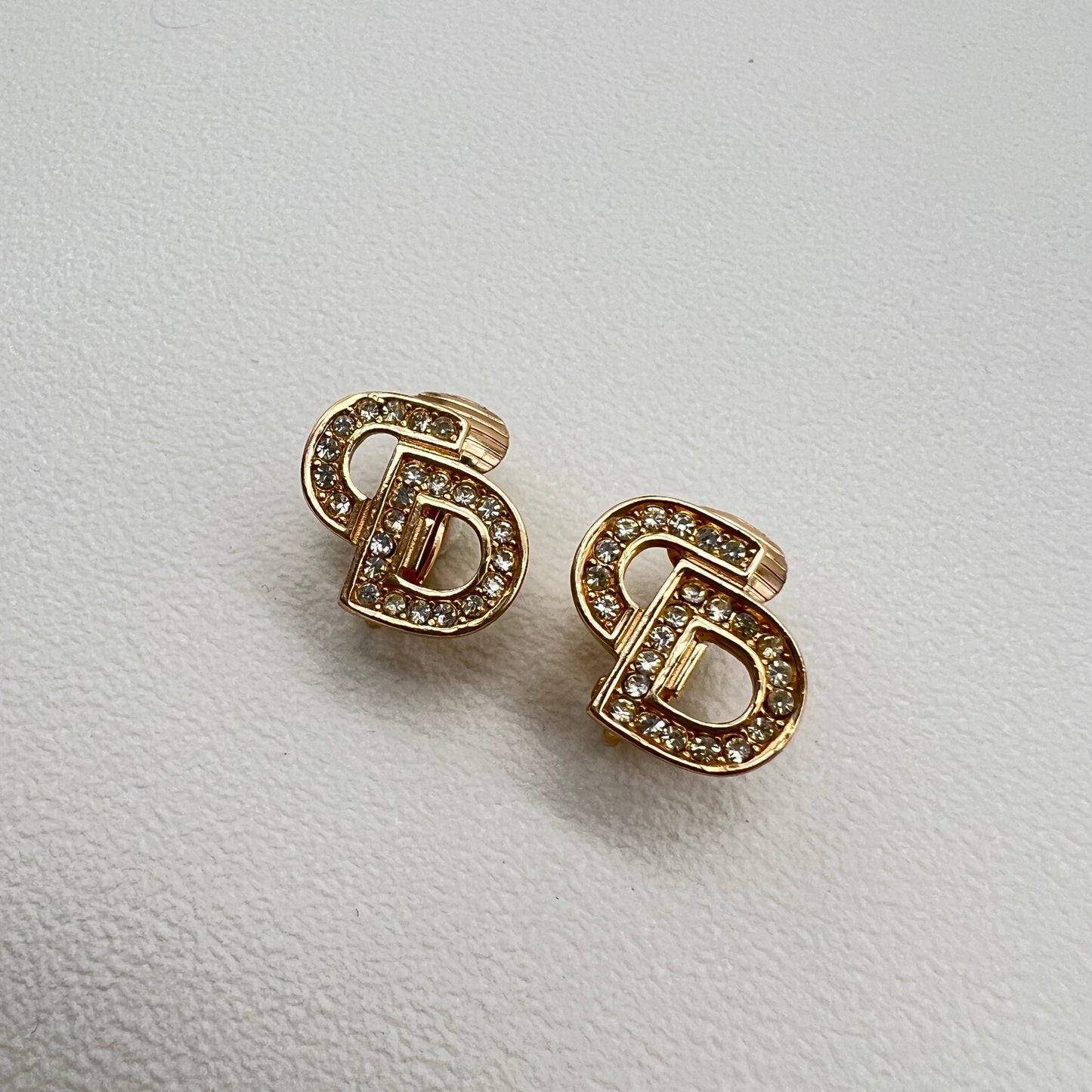 Christian Dior Vintage CD Logo with Rhinestone Golden Clip-on Earrings
