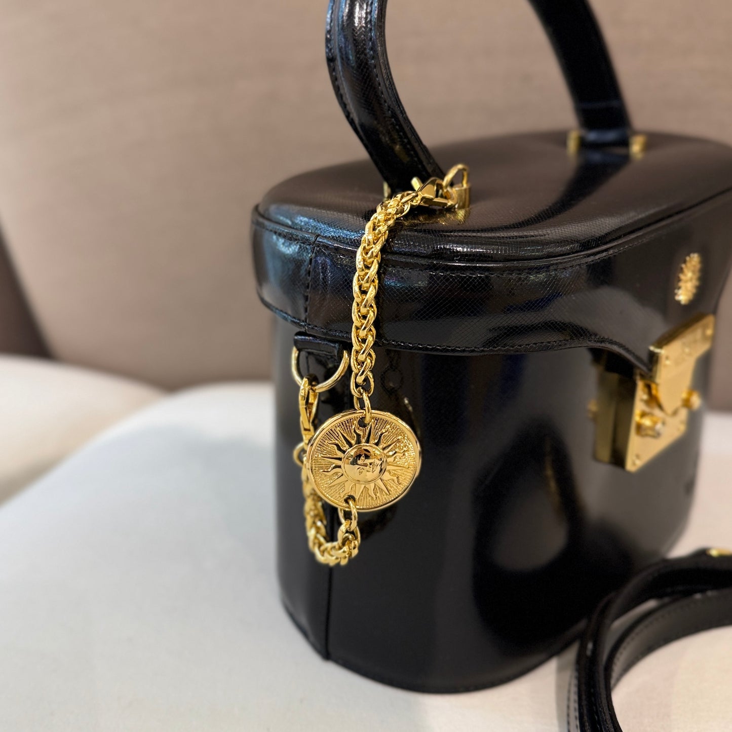Versace Vintage Black Leather Vanity Style Medallion Top Handle Handbag