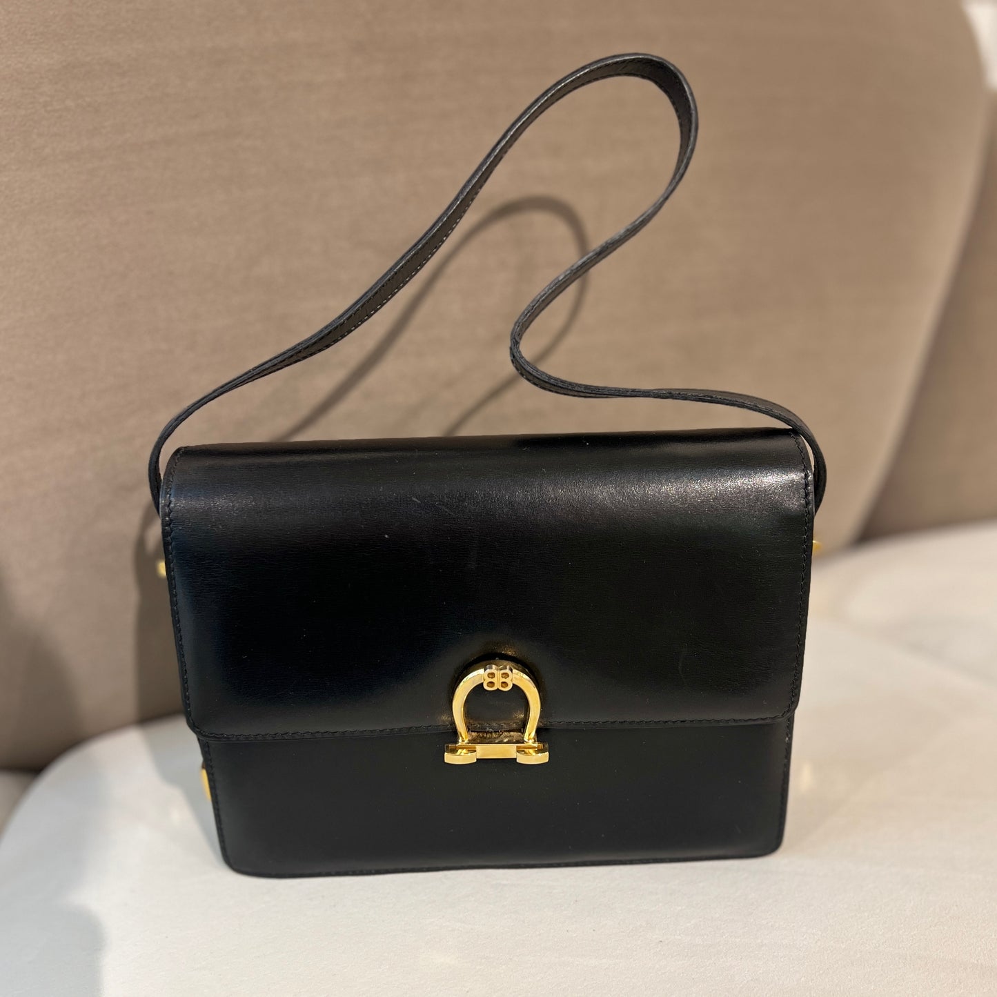 Balenciaga Vintage Golden BB Logo Buckle Black Leather Shoulder Bag