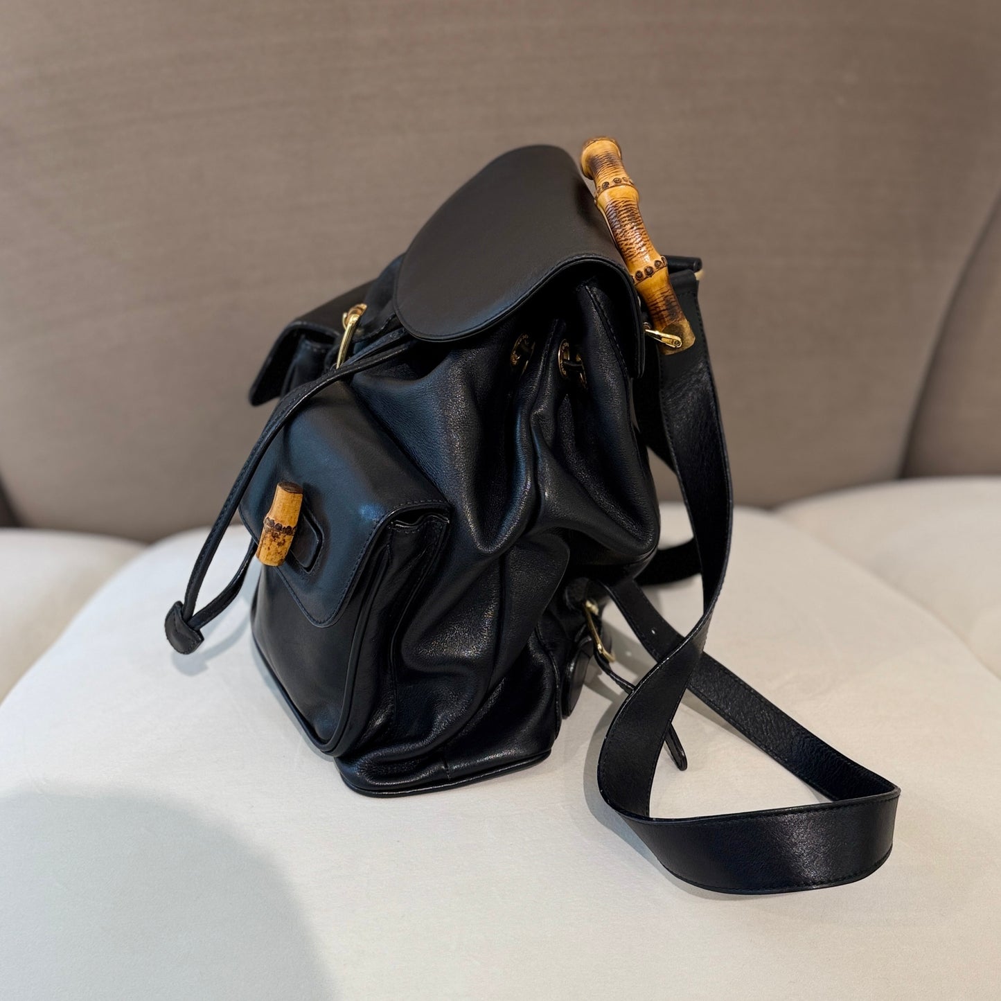 Gucci Vintage Bamboo Black Leather Backpack With Dual Pockets