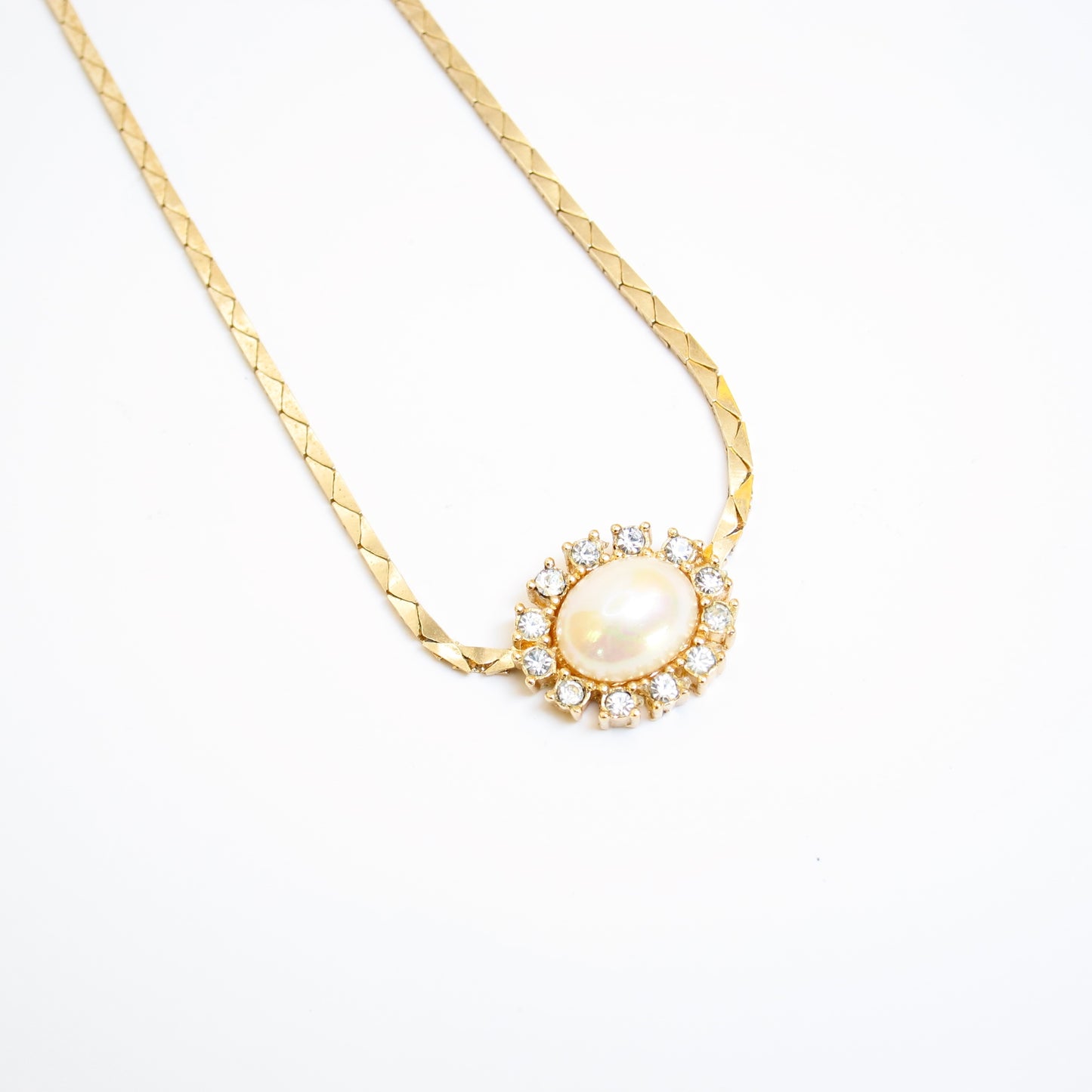 Christian Dior Vintage Oval Shape Pearl and Rhinestone Golden Necklace