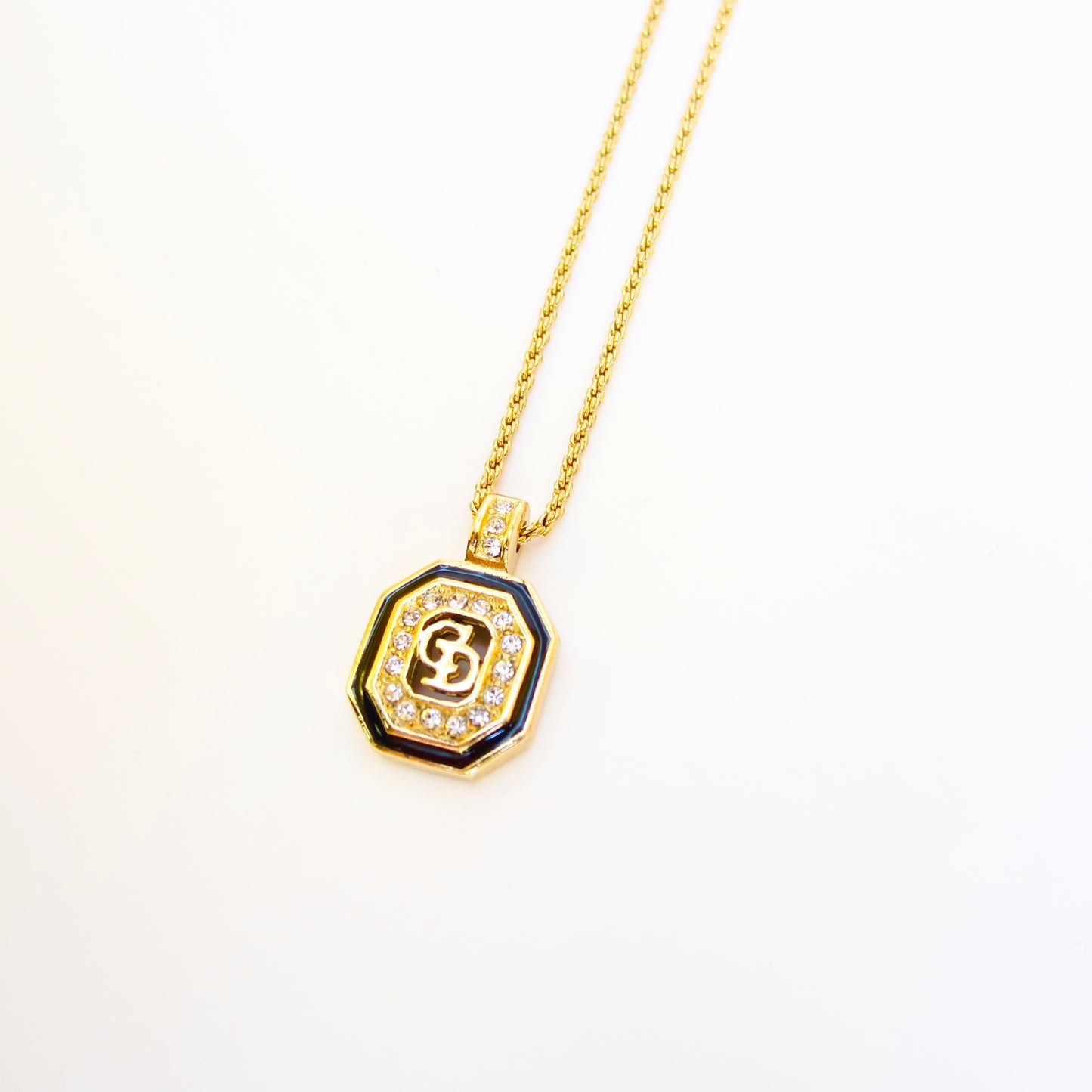 Christian Dior Vintage CD Logo in Octagon with Rhinestone Black and Golden Necklace