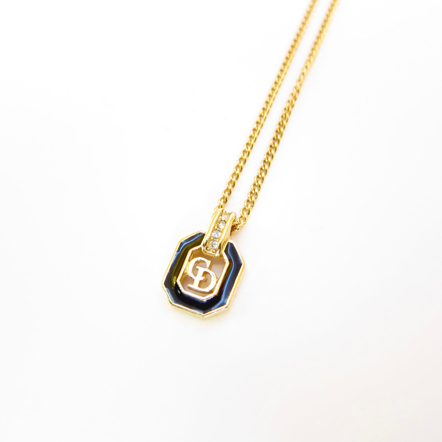 Christian Dior Vintage CD Logo in Octagon Black and Rhinestone Golden Necklace