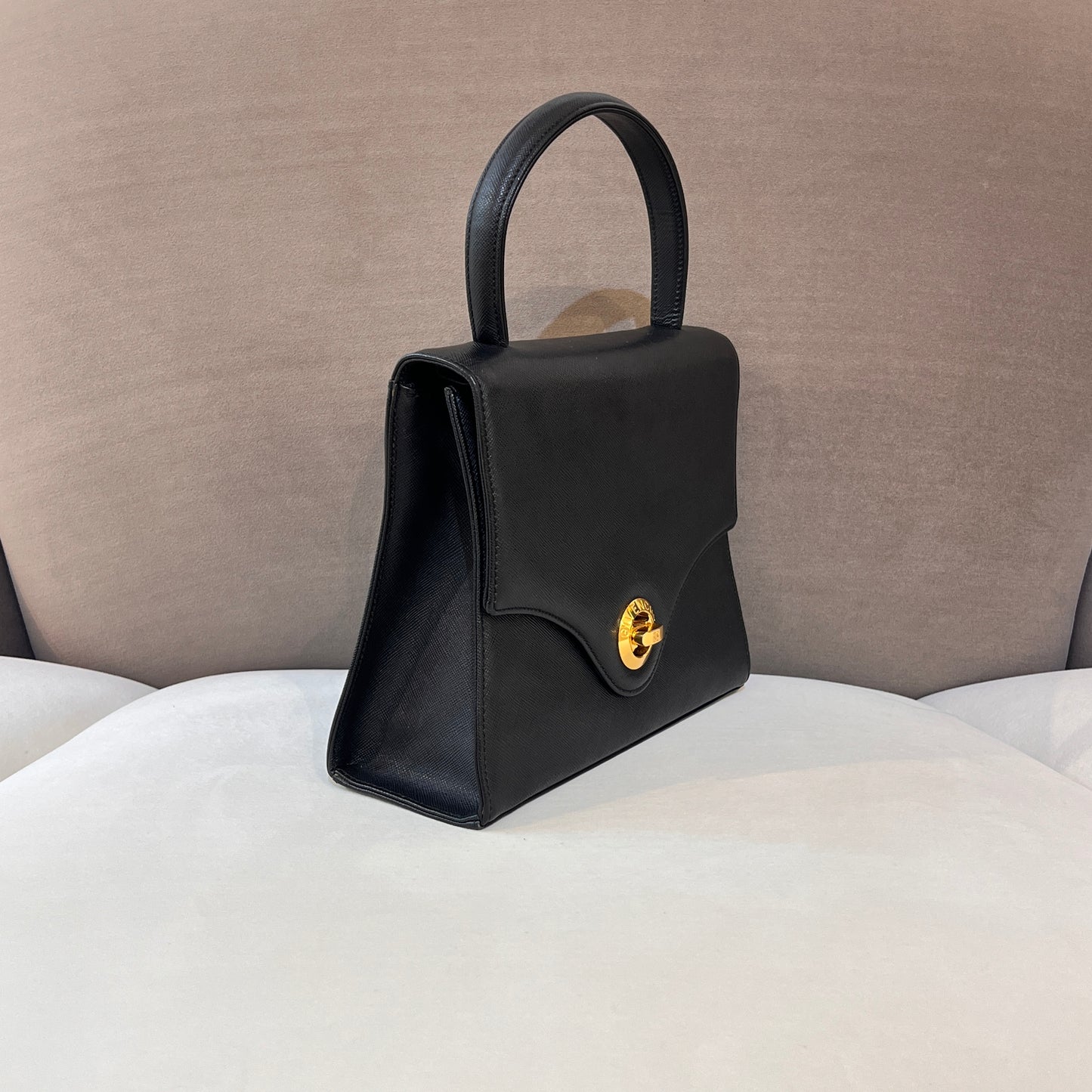 Givenchy Vintage Black Leather Gold Logo Turn Lock Top Handle Bag