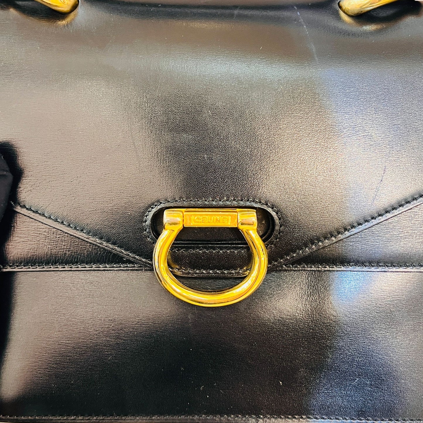 Celine Vintage Gancini Double Flap Black Leather Gold Clasp Handbag