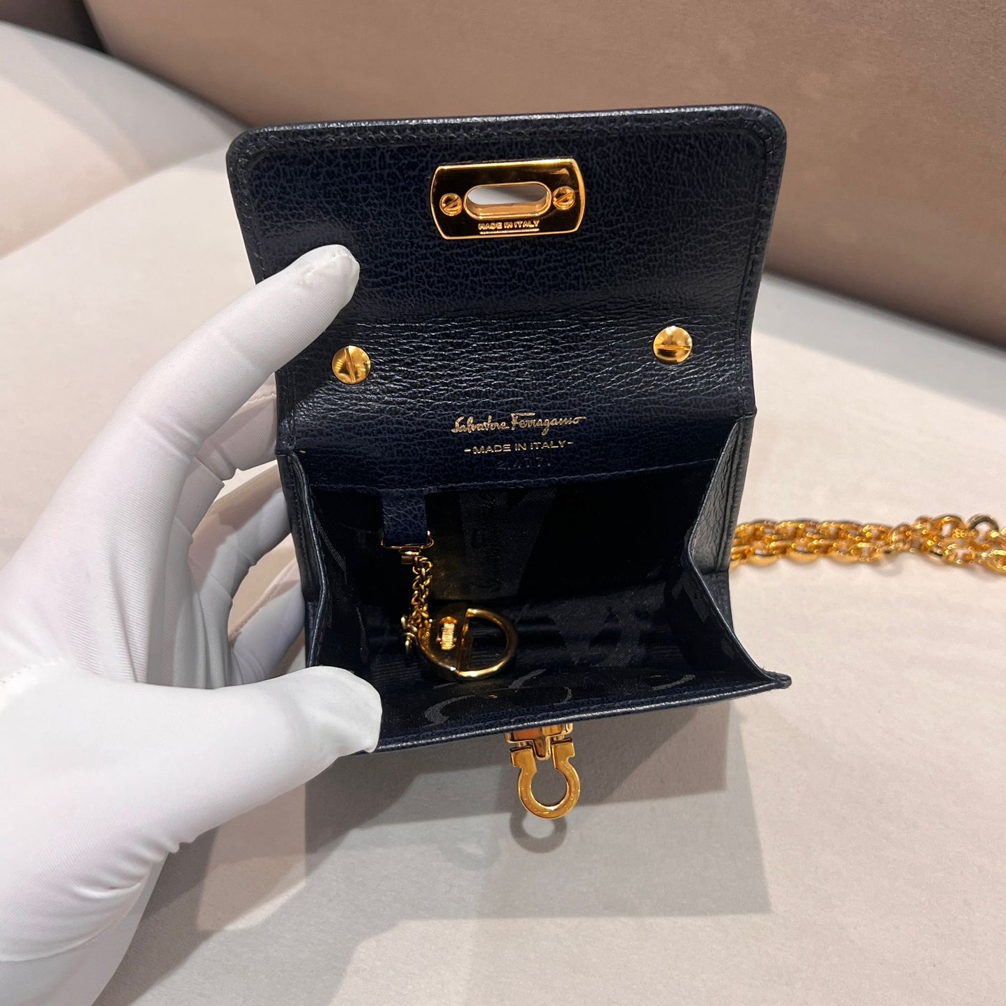 Ferragamo Vintage Gancini Navy Leather Mini Chain Shoulder Bag