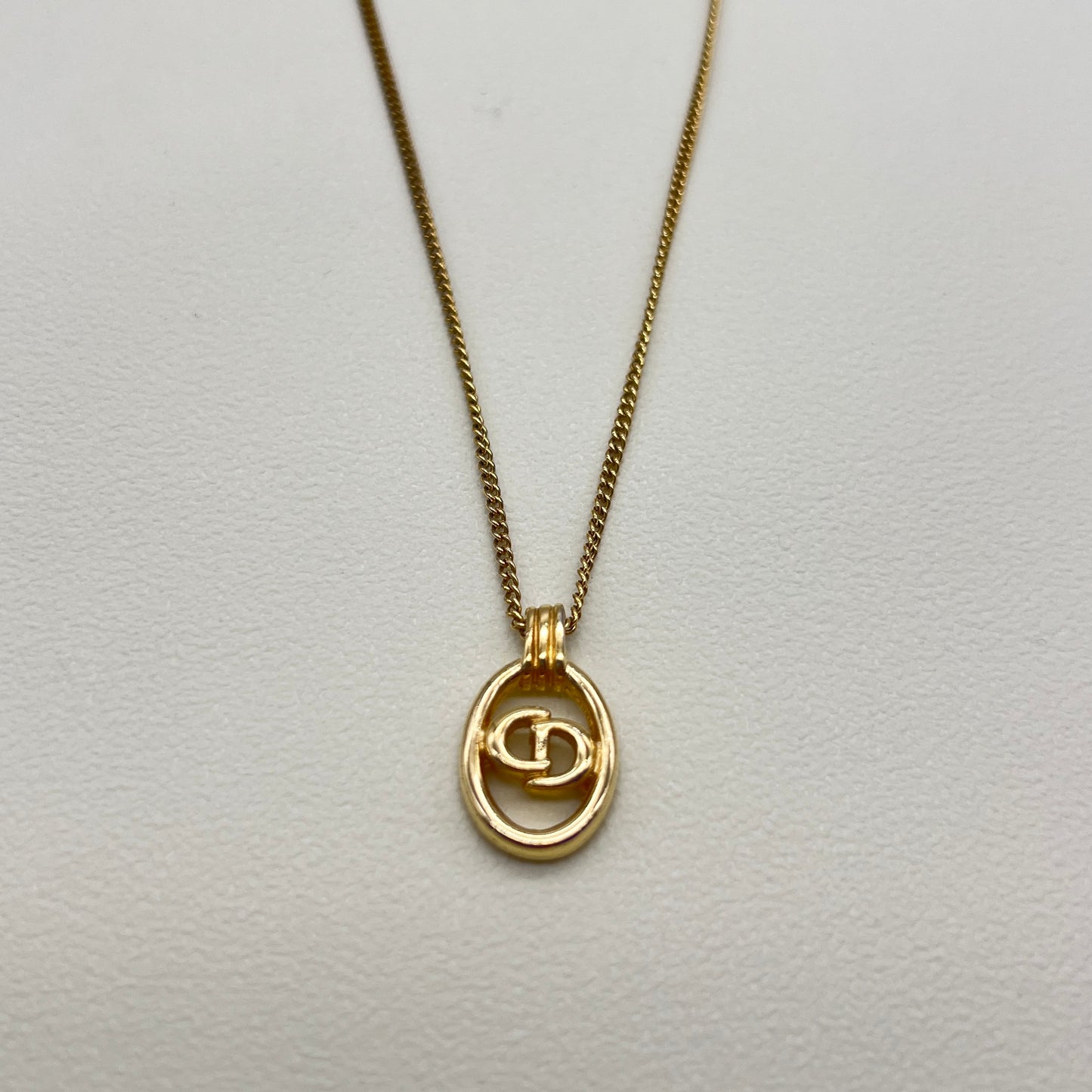 Christian Dior Vintage CD Logo In Oval Shape Pendant Golden Necklace