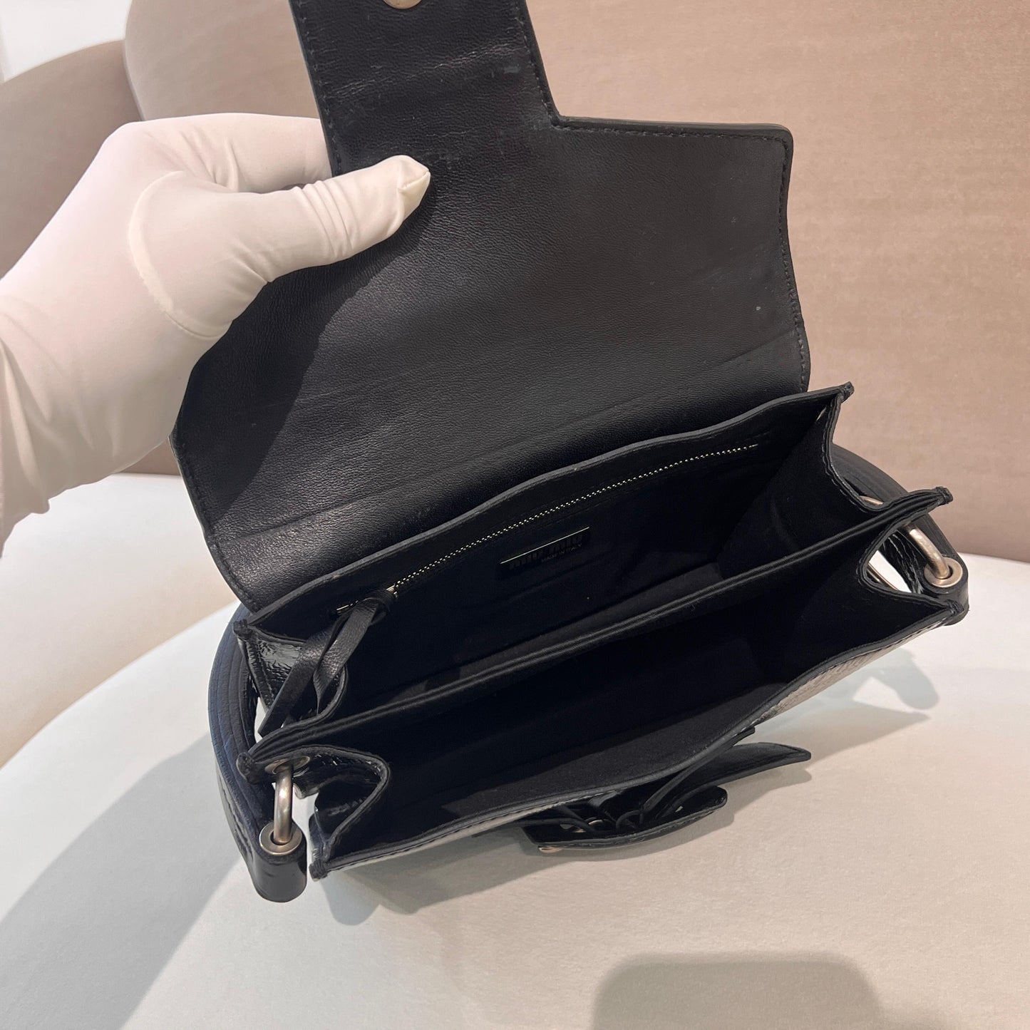 Miu Miu Vintage Black Patent Leather Buckle Flap Handbag