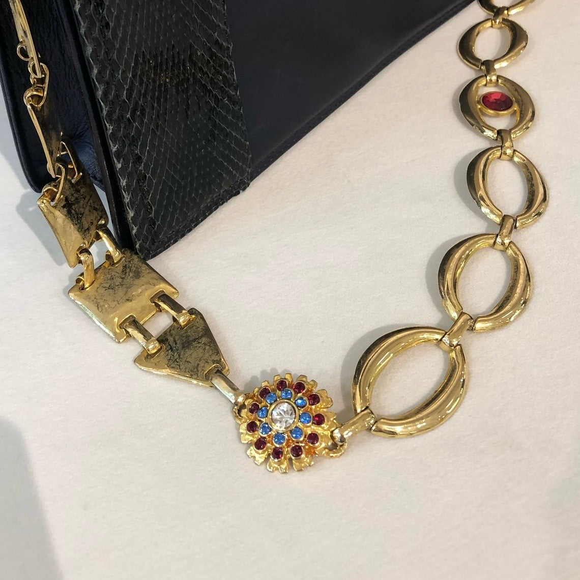 Versace Vintage Navy Leather Chain Shoulder Bag With Exotic Trim
