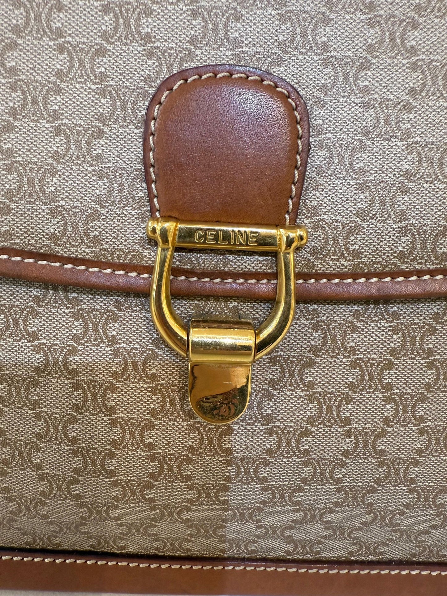 Celine Vintage Macadam Canvas Brown Leather Handbag