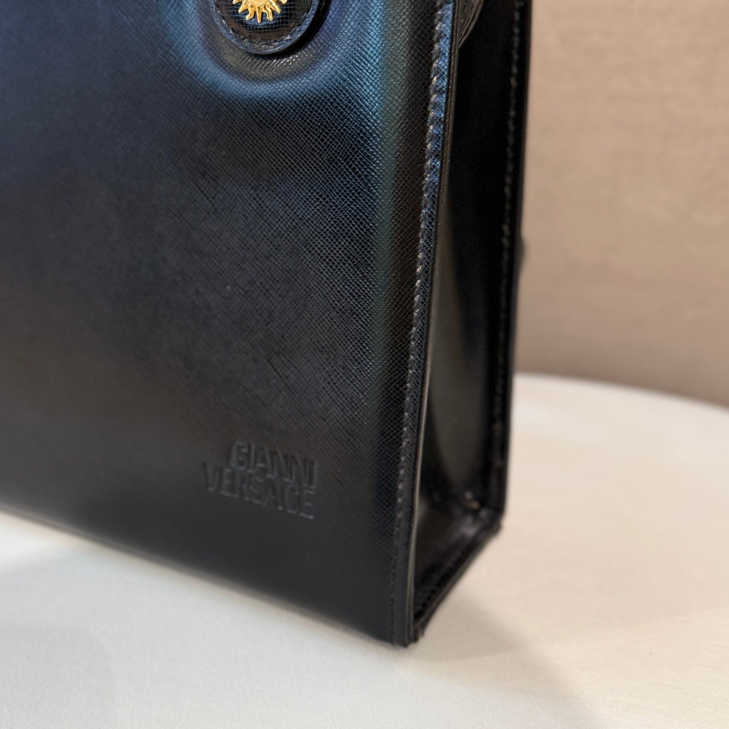 Versace Vintage Black Leather Tote Bag With Gold Medallion Charm