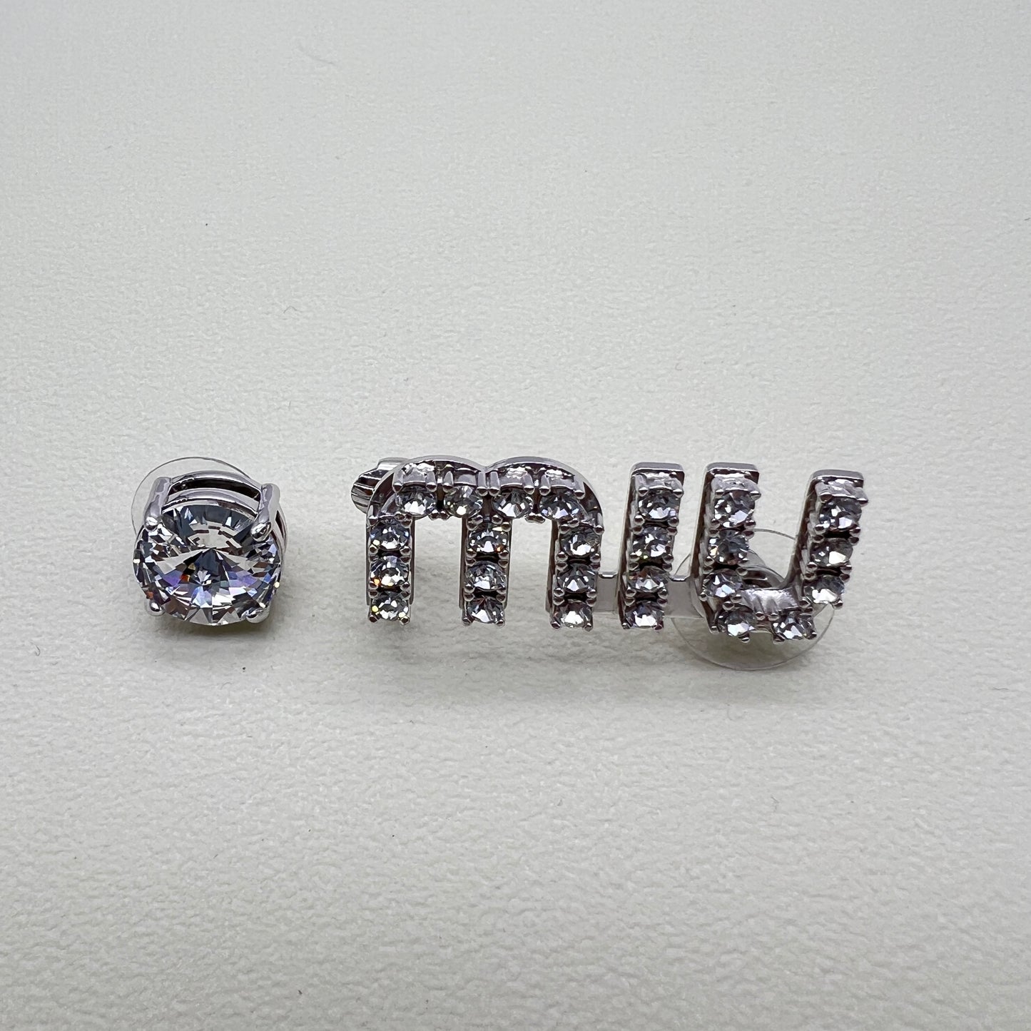Miu Miu Vintage Miu Logo with Rhinestone Silver Earrings