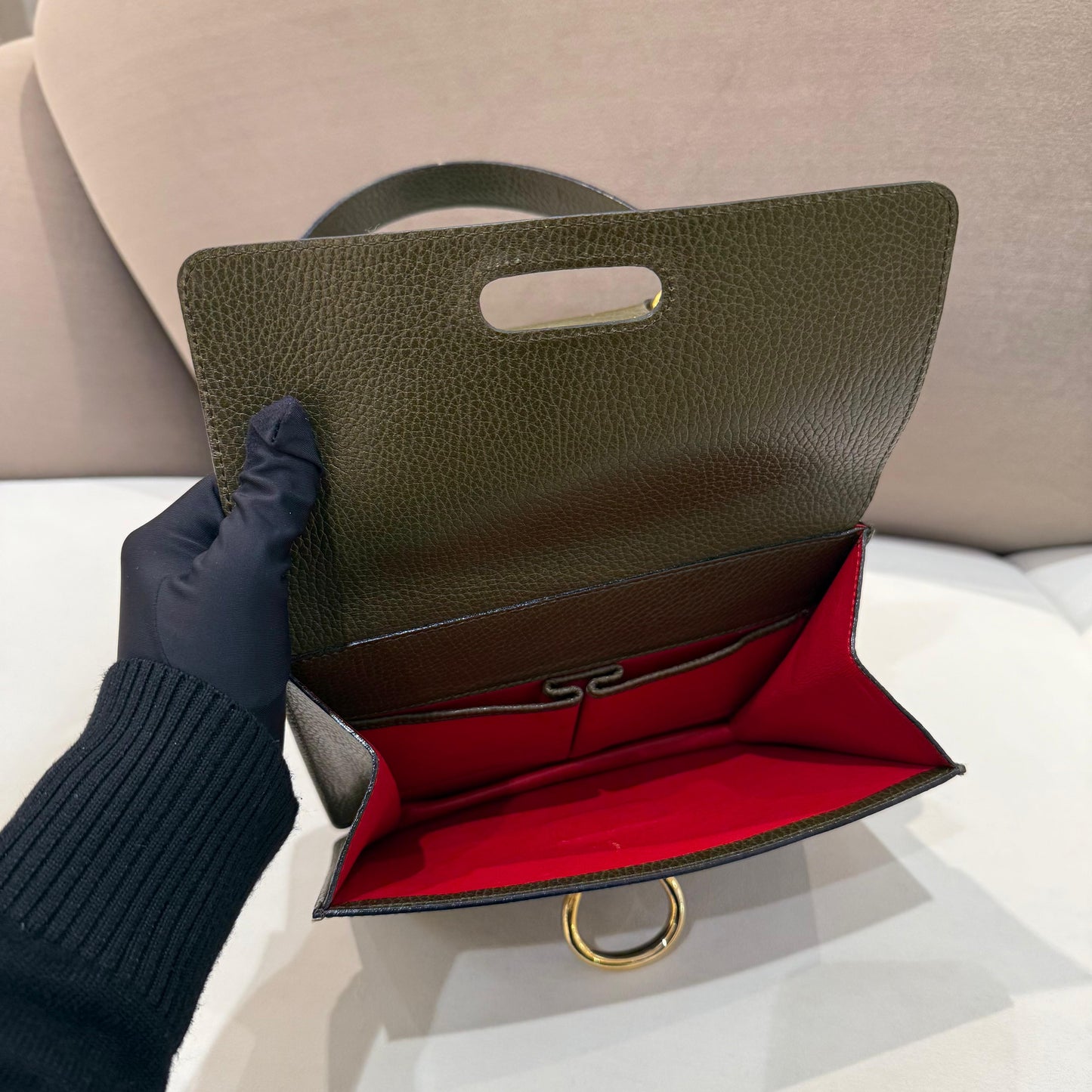 Celine Vintage Olive Green Leather Ring Clasp Top Handle Bag