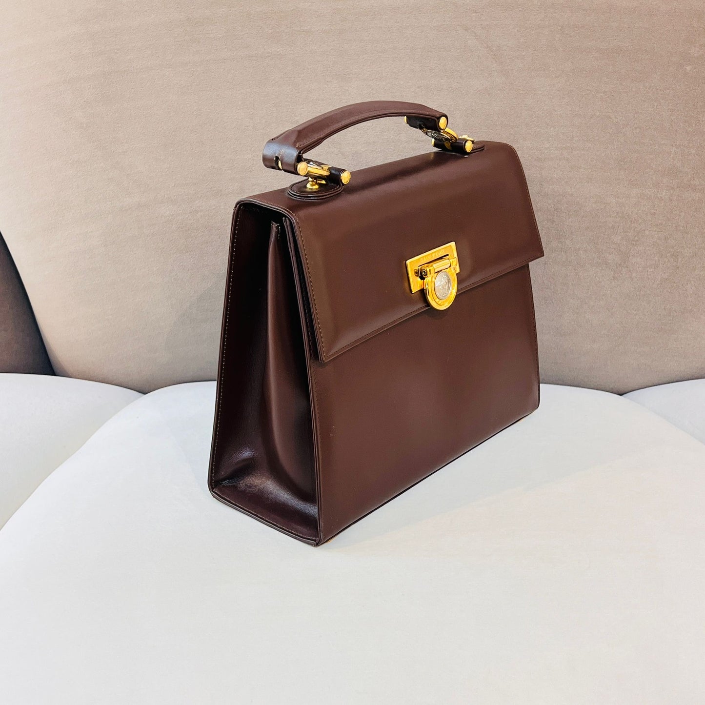 Versace Vintage Medusa Leather 2-Way Handbag In Deep Brown