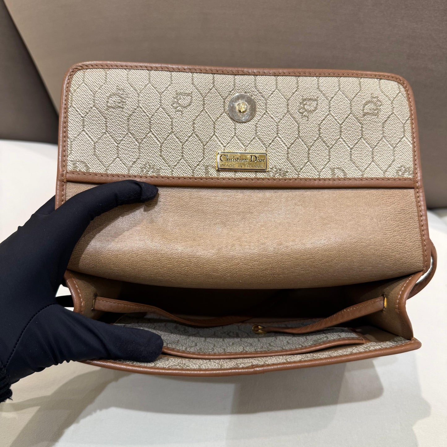 Christian Dior Vintage Beige Honeycomb Monogram Leather Trim Shoulder Bag