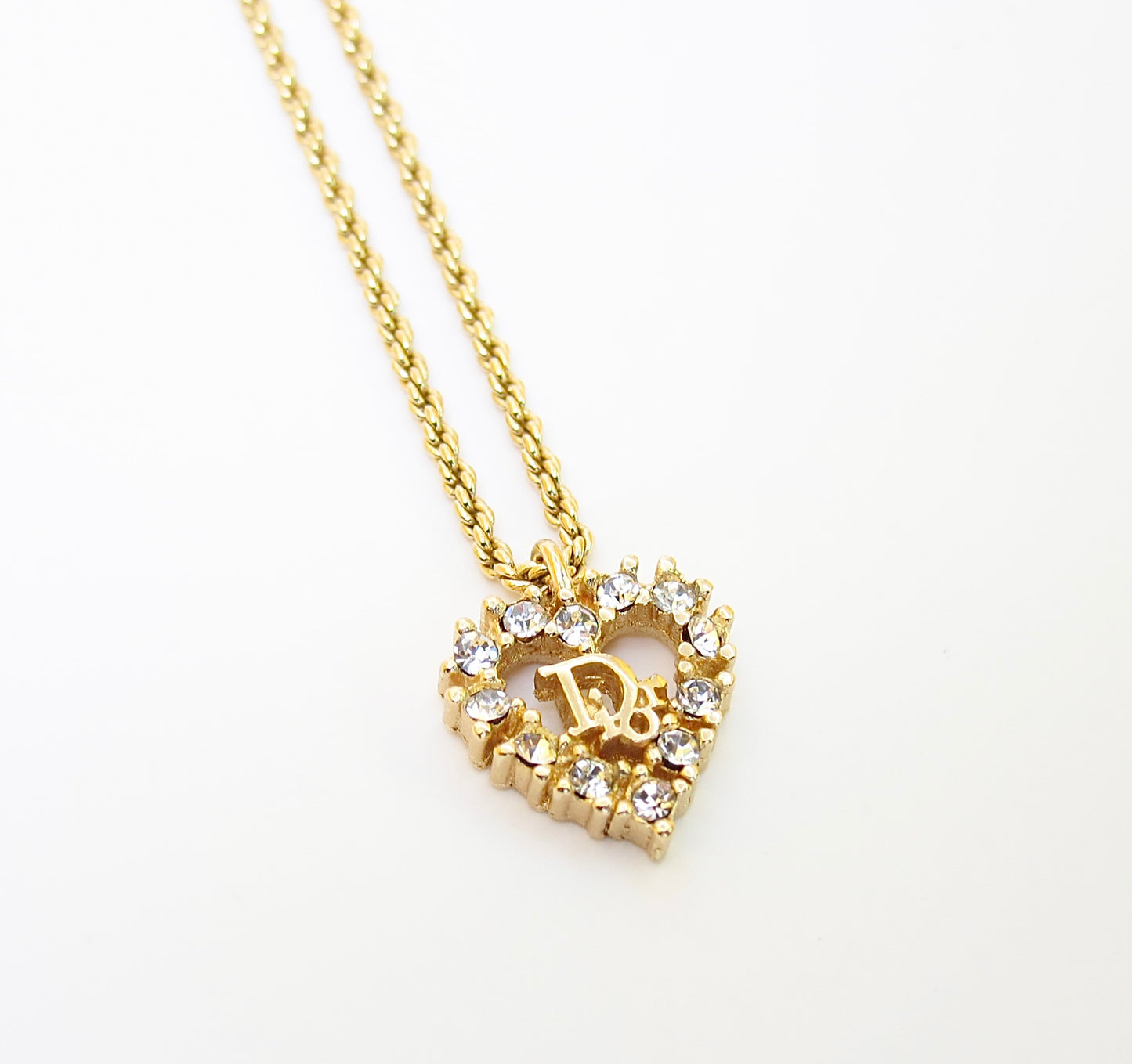 Christian Dior Vintage Dior Logo in Heart Shape with Rhinestone Golden Necklace