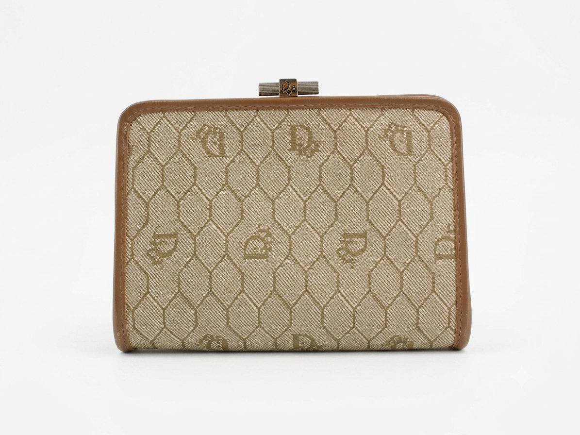 Christian Dior Vintage Beige Honeycomb Canvas Leather Trim Pouch