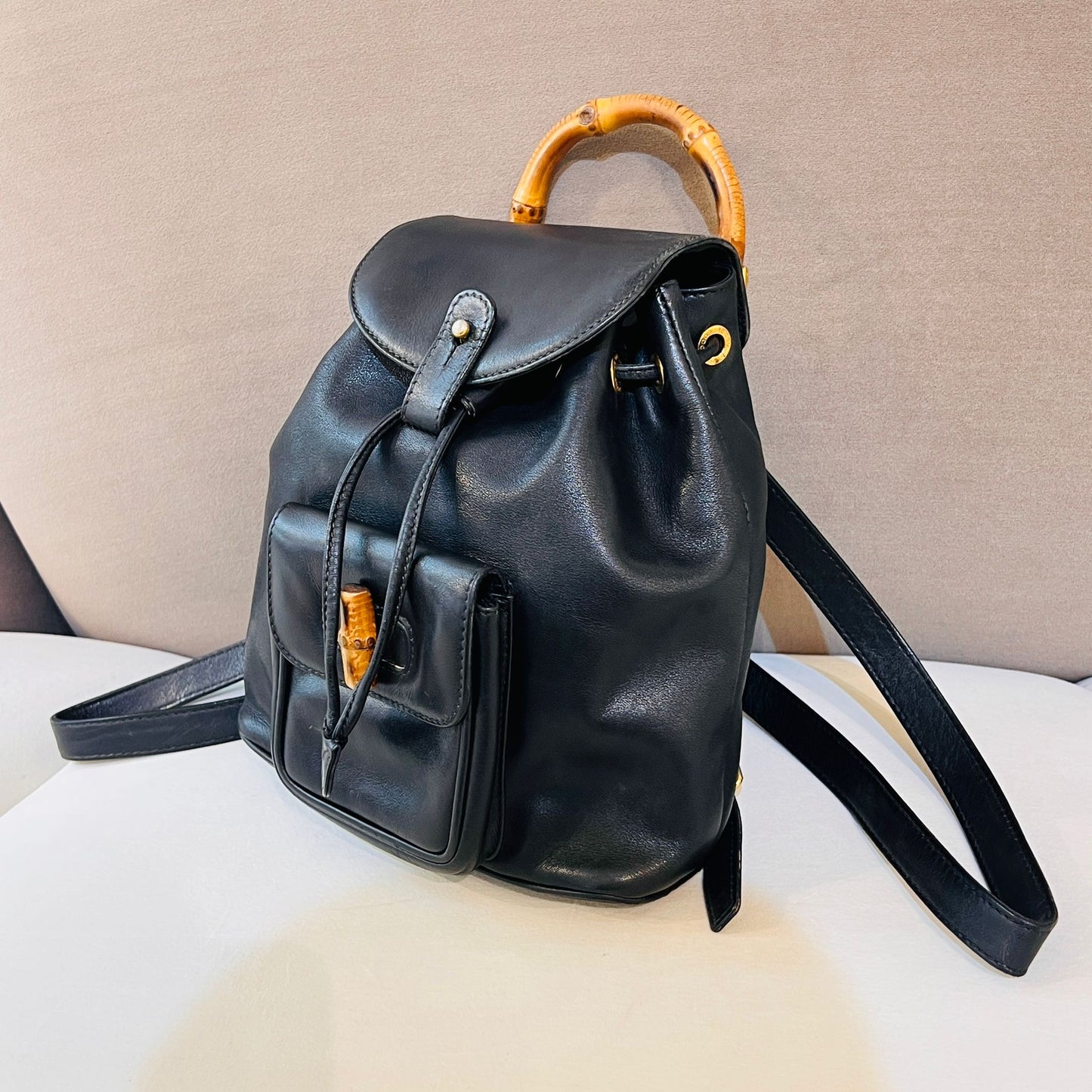 Gucci Vintage Bamboo Turn Lock Black Leather Small Backpack