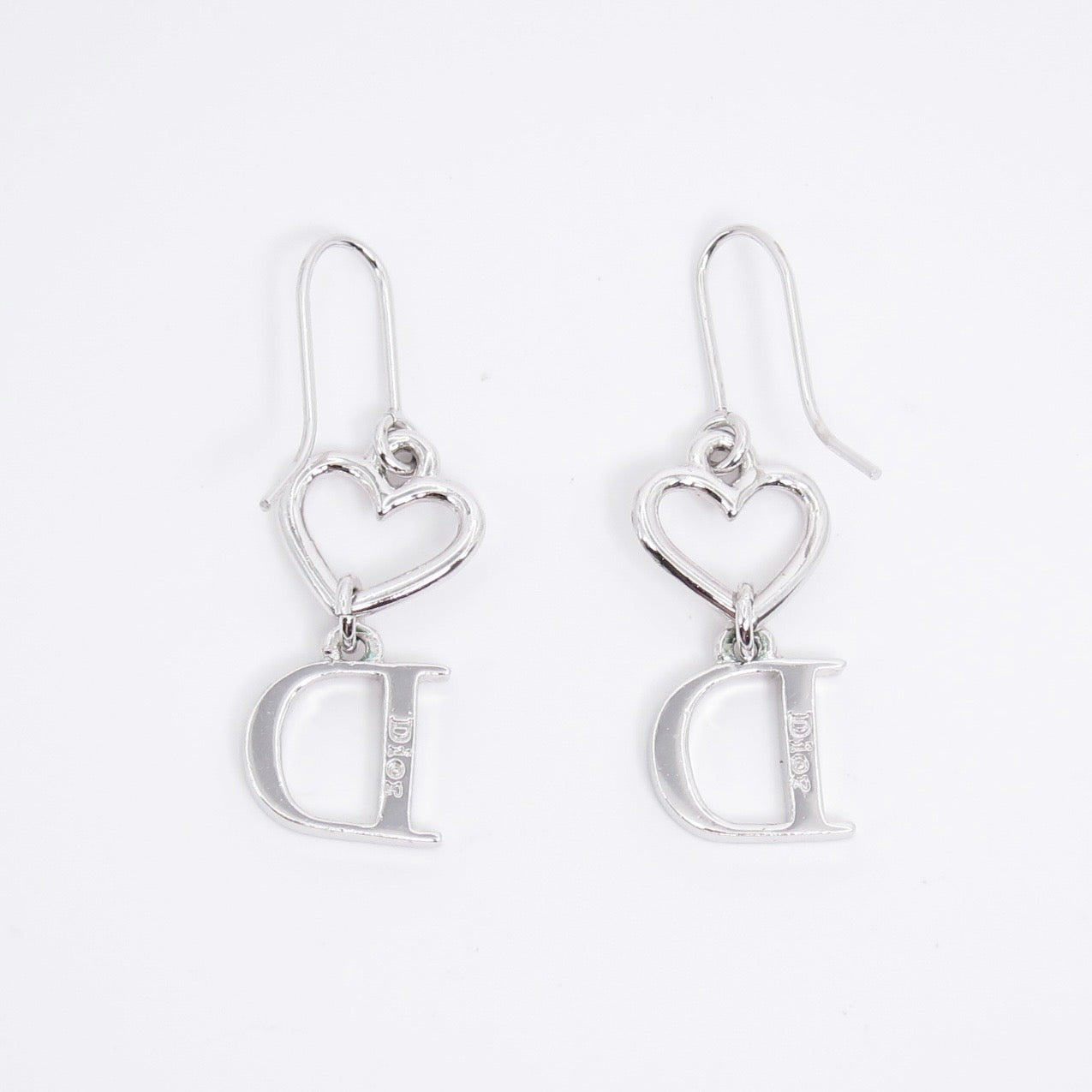 Christian Dior Vintage Heart and D Logo with Rhinestone Silver Drop Earrings